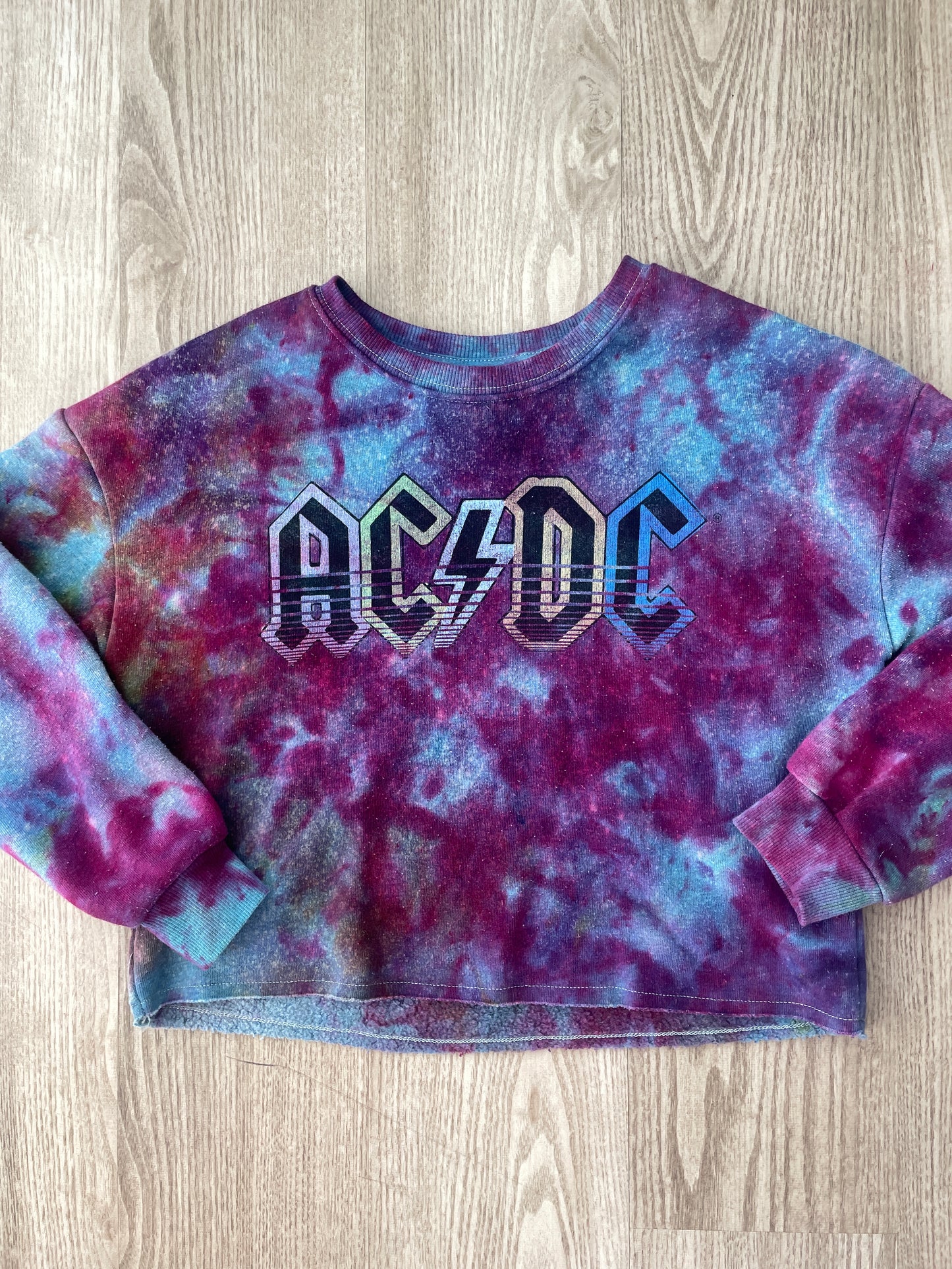 Medium Youth AC/DC Handmade Galaxy Tie Dye Cropped Length Sweatshirt | One-Of-a-Kind Upcycled Blue, Purple, and Pink Ice Dye Top