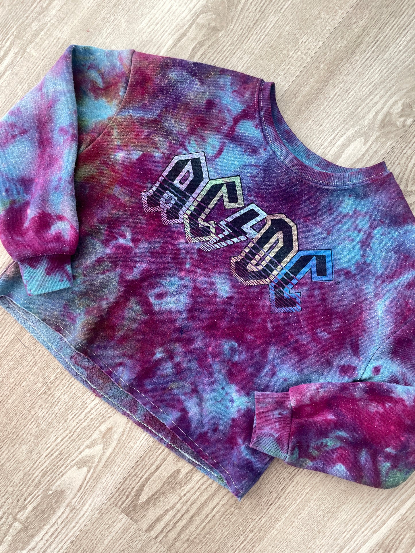 Medium Youth AC/DC Handmade Galaxy Tie Dye Cropped Length Sweatshirt | One-Of-a-Kind Upcycled Blue, Purple, and Pink Ice Dye Top