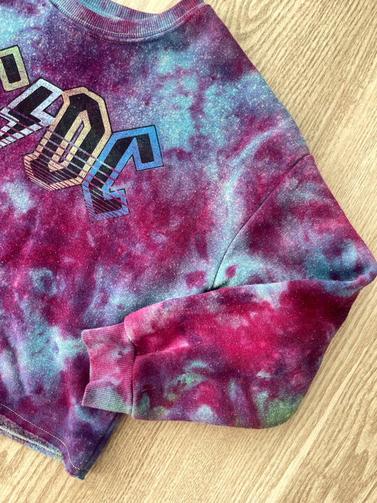 Medium Youth AC/DC Handmade Galaxy Tie Dye Cropped Length Sweatshirt | One-Of-a-Kind Upcycled Blue, Purple, and Pink Ice Dye Top