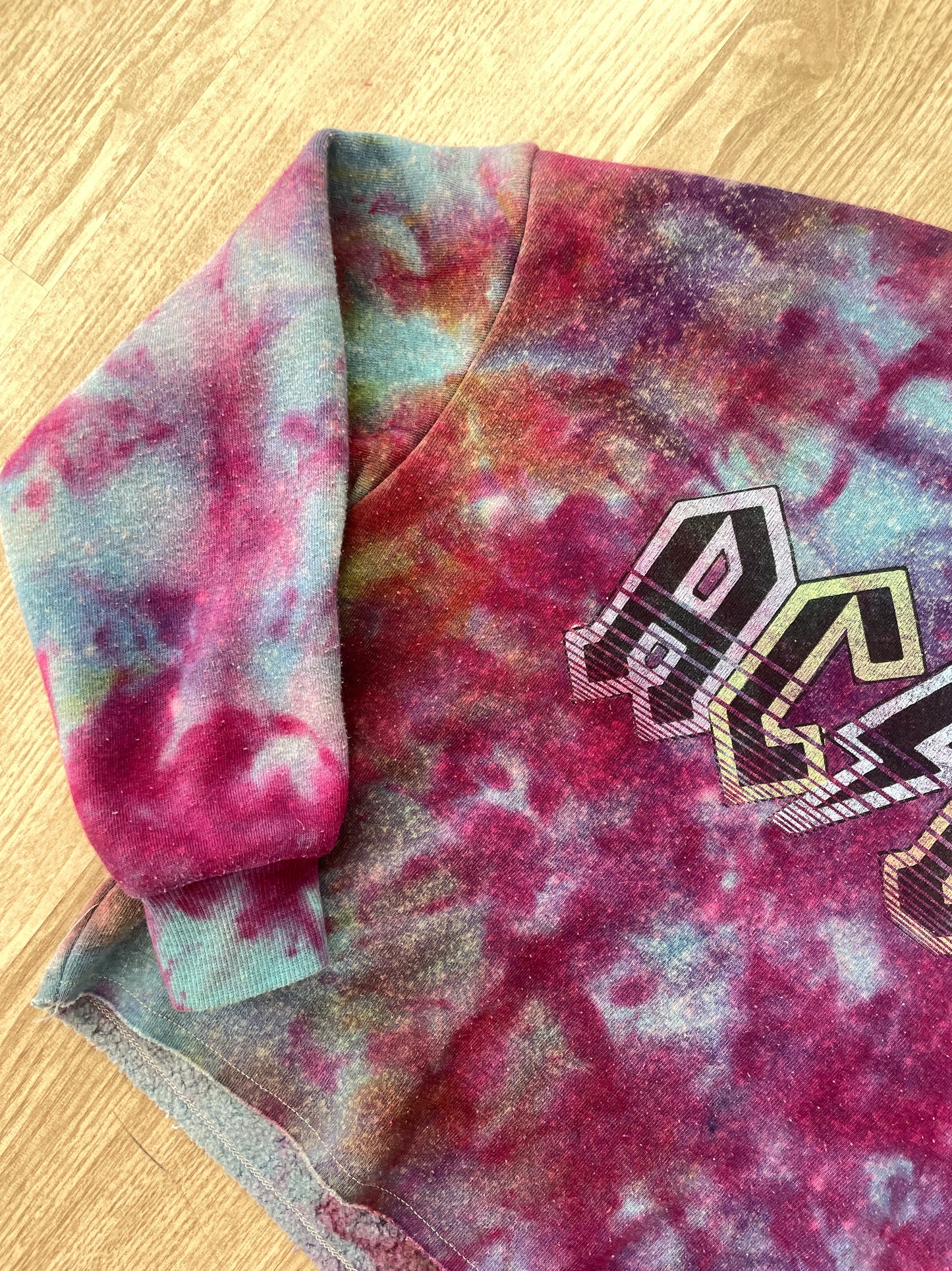 Medium Youth AC/DC Handmade Galaxy Tie Dye Cropped Length Sweatshirt | One-Of-a-Kind Upcycled Blue, Purple, and Pink Ice Dye Top