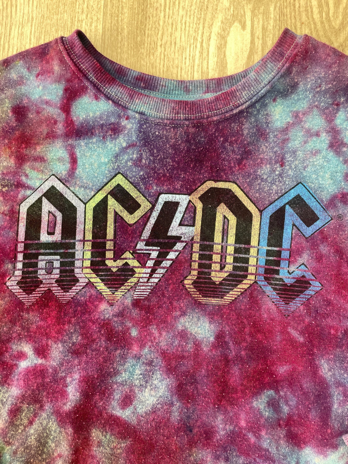 Medium Youth AC/DC Handmade Galaxy Tie Dye Cropped Length Sweatshirt | One-Of-a-Kind Upcycled Blue, Purple, and Pink Ice Dye Top