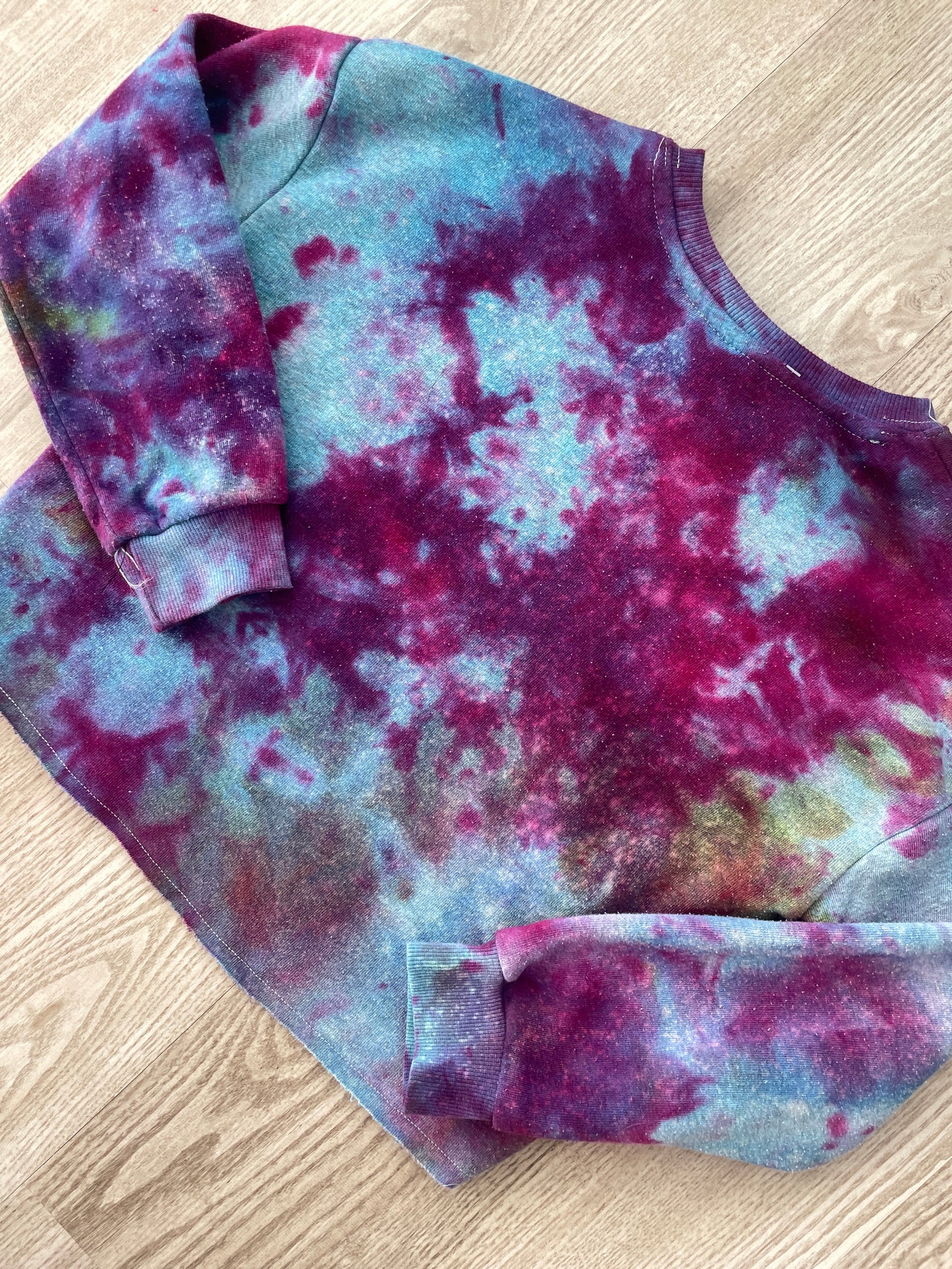 Medium Youth AC/DC Handmade Galaxy Tie Dye Cropped Length Sweatshirt | One-Of-a-Kind Upcycled Blue, Purple, and Pink Ice Dye Top