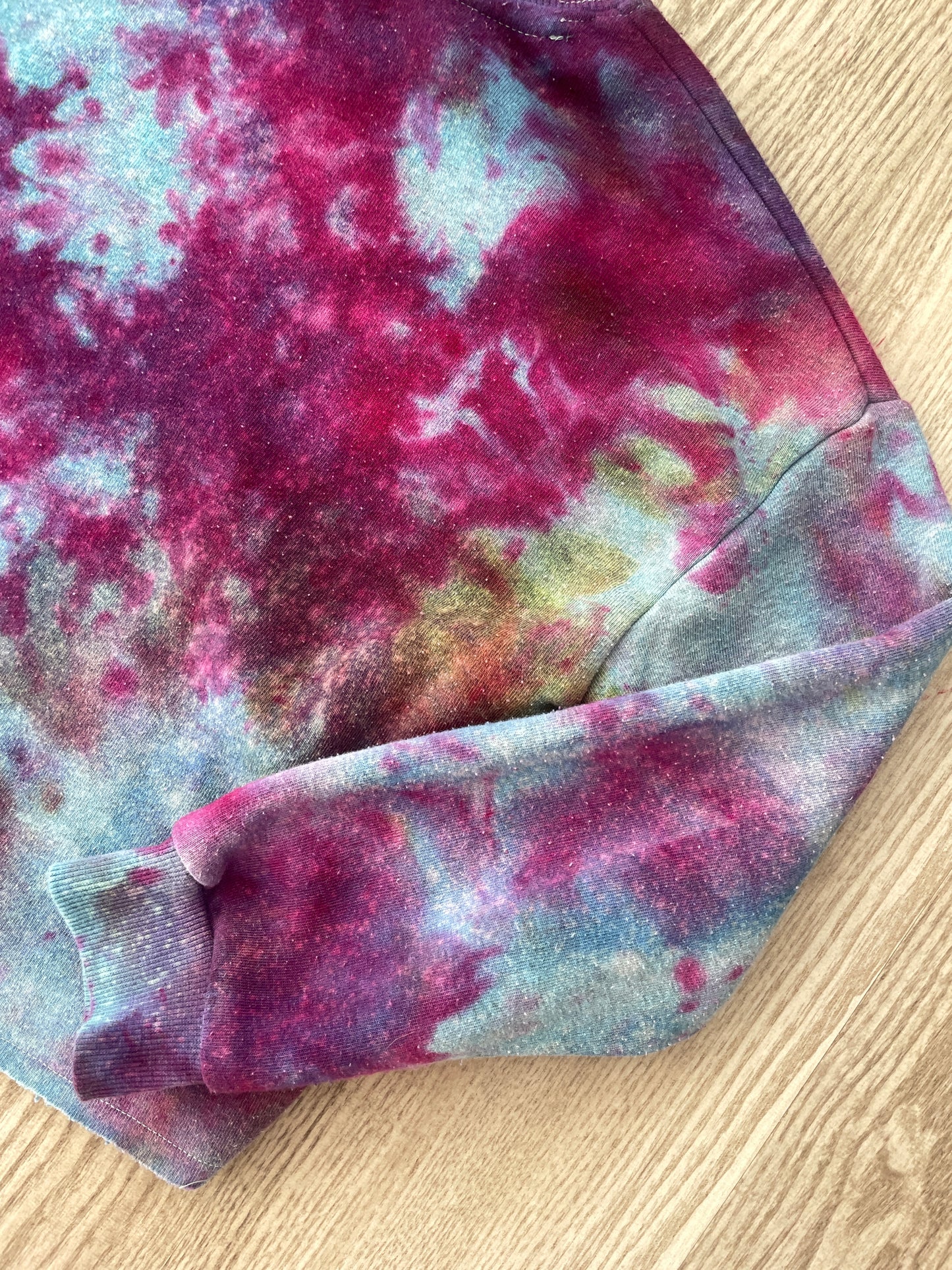 Medium Youth AC/DC Handmade Galaxy Tie Dye Cropped Length Sweatshirt | One-Of-a-Kind Upcycled Blue, Purple, and Pink Ice Dye Top