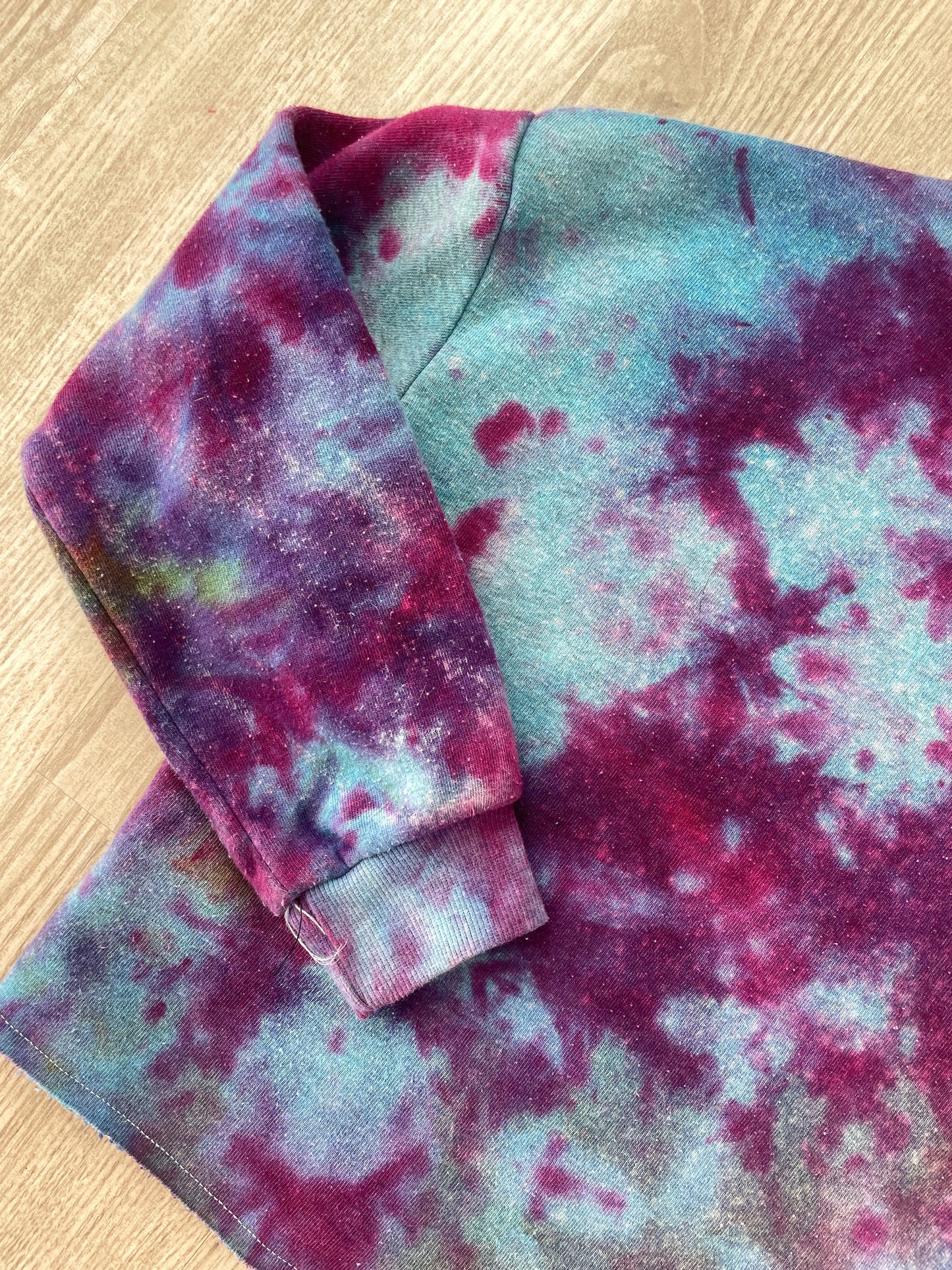 Medium Youth AC/DC Handmade Galaxy Tie Dye Cropped Length Sweatshirt | One-Of-a-Kind Upcycled Blue, Purple, and Pink Ice Dye Top