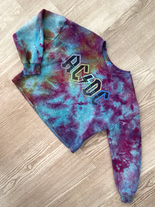 Medium Youth AC/DC Handmade Galaxy Tie Dye Cropped Length Sweatshirt | One-Of-a-Kind Upcycled Blue, Purple, and Pink Ice Dye Top