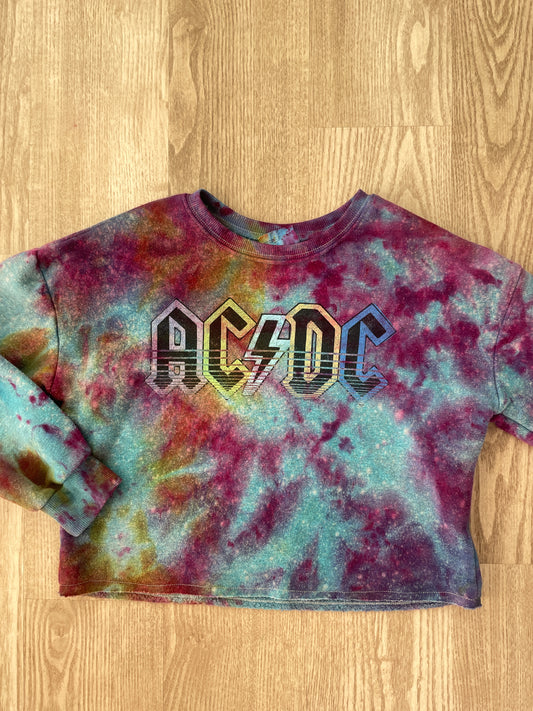 Medium Youth AC/DC Handmade Galaxy Tie Dye Cropped Length Sweatshirt | One-Of-a-Kind Upcycled Blue, Purple, and Pink Ice Dye Top