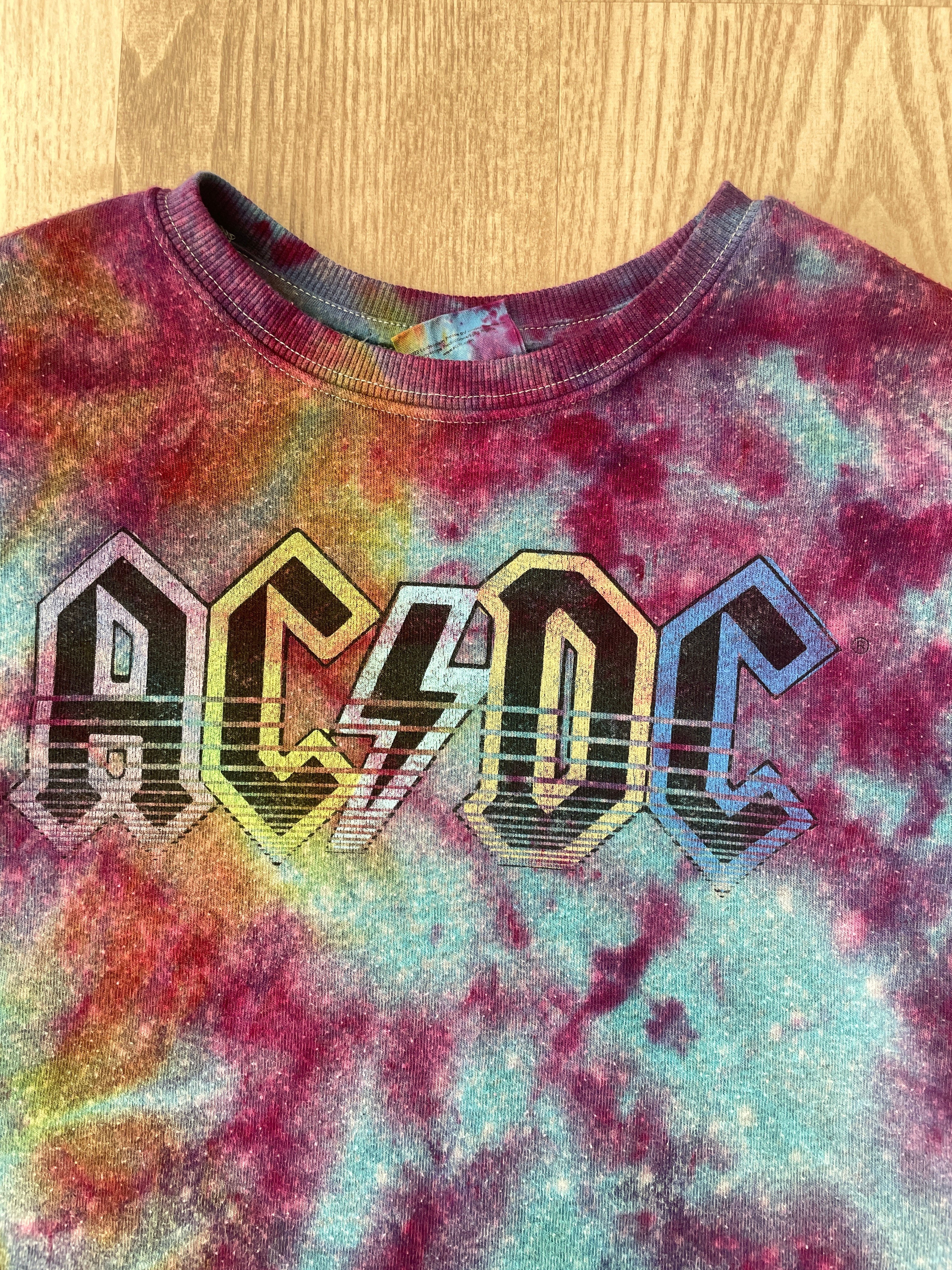 Medium Youth AC/DC Handmade Galaxy Tie Dye Cropped Length Sweatshirt | One-Of-a-Kind Upcycled Blue, Purple, and Pink Ice Dye Top