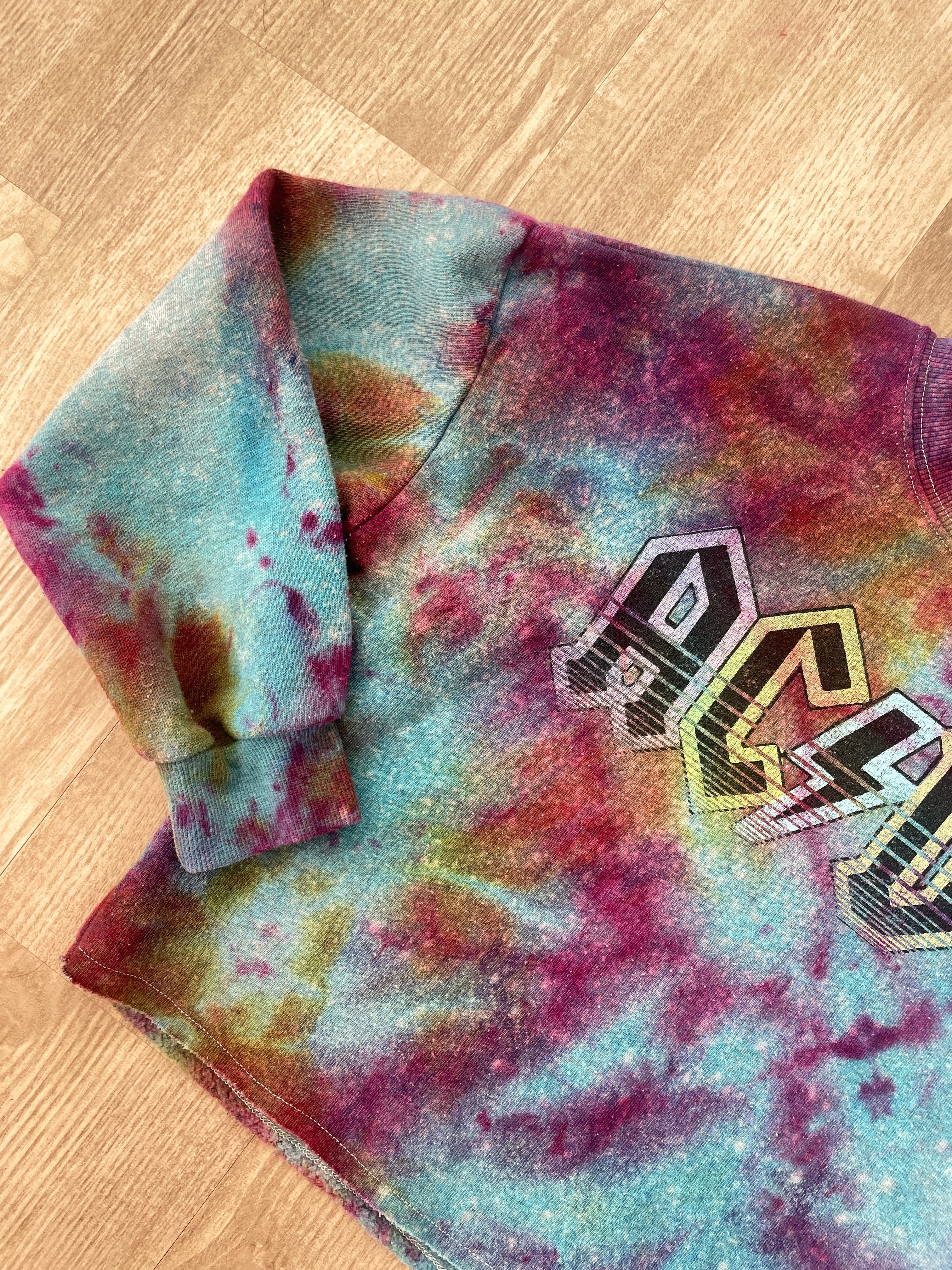 Medium Youth AC/DC Handmade Galaxy Tie Dye Cropped Length Sweatshirt | One-Of-a-Kind Upcycled Blue, Purple, and Pink Ice Dye Top
