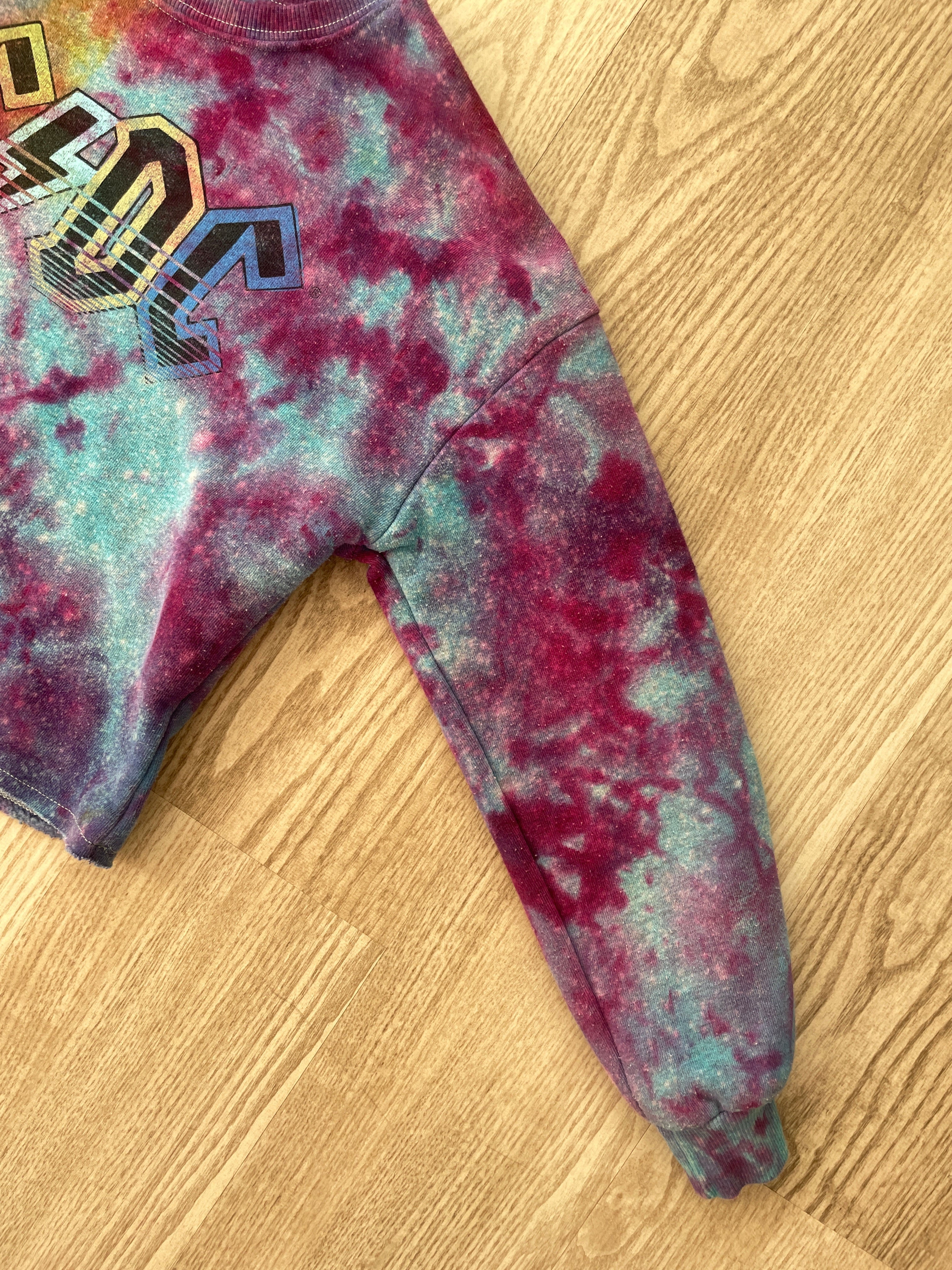 Medium Youth AC/DC Handmade Galaxy Tie Dye Cropped Length Sweatshirt | One-Of-a-Kind Upcycled Blue, Purple, and Pink Ice Dye Top