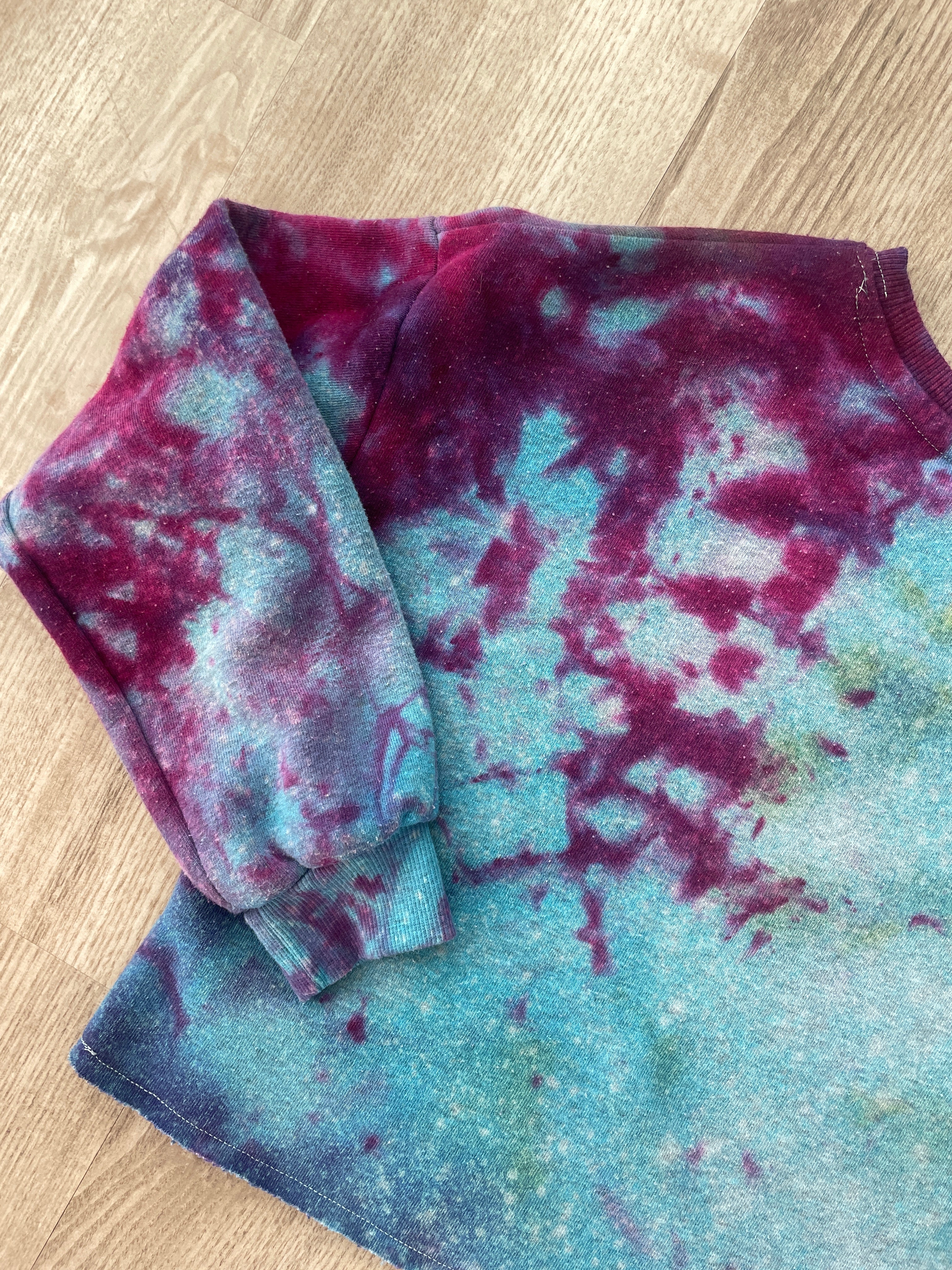 Medium Youth AC/DC Handmade Galaxy Tie Dye Cropped Length Sweatshirt | One-Of-a-Kind Upcycled Blue, Purple, and Pink Ice Dye Top