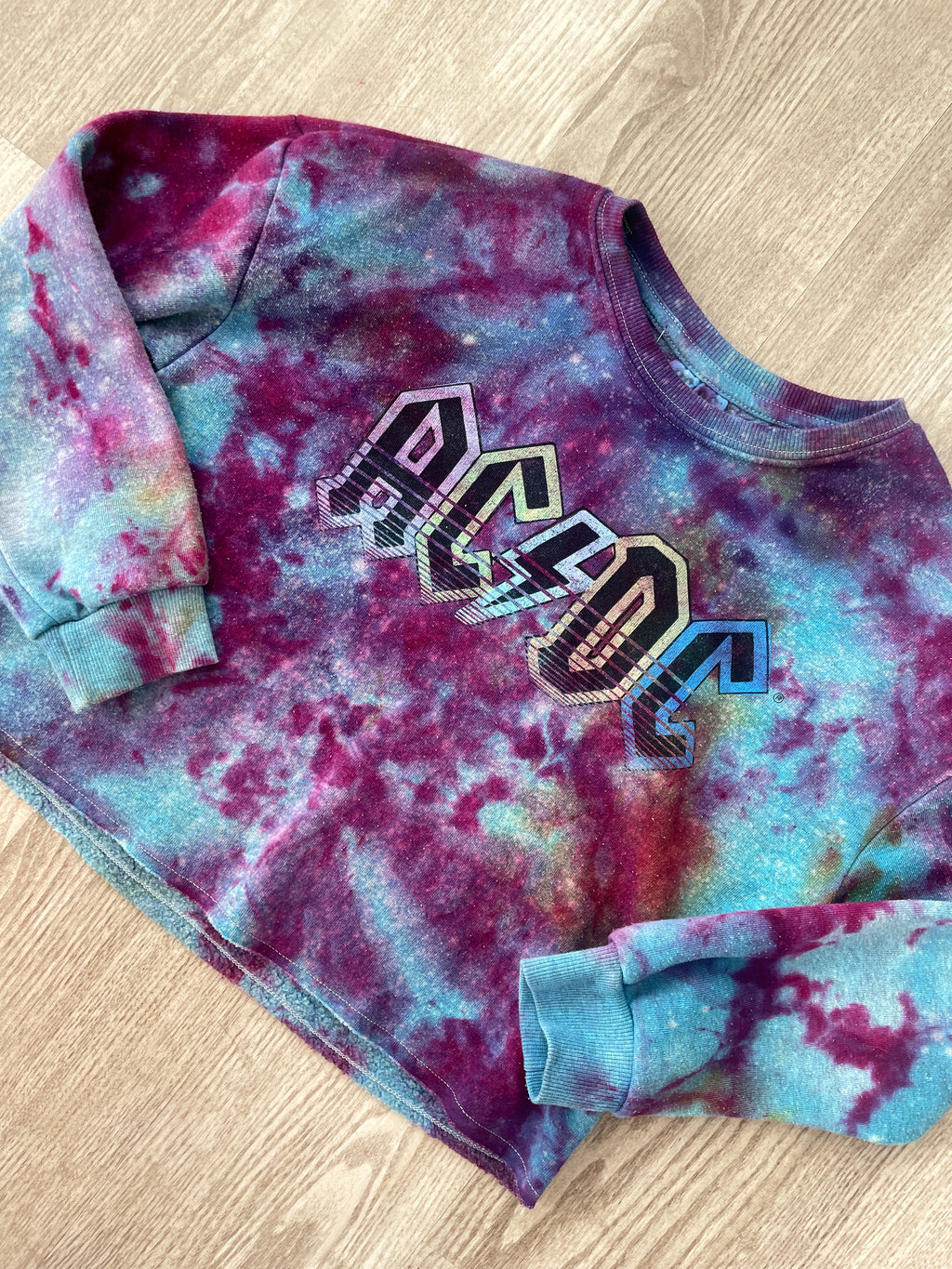 Medium Youth AC/DC Handmade Galaxy Tie Dye Cropped Length Sweatshirt | One-Of-a-Kind Upcycled Blue, Purple, and Pink Ice Dye Top
