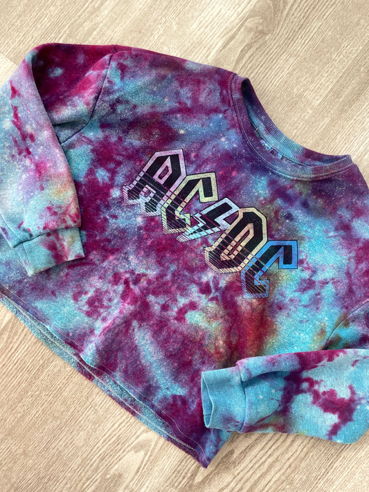 Medium Youth AC/DC Handmade Galaxy Tie Dye Cropped Length Sweatshirt | One-Of-a-Kind Upcycled Blue, Purple, and Pink Ice Dye Top