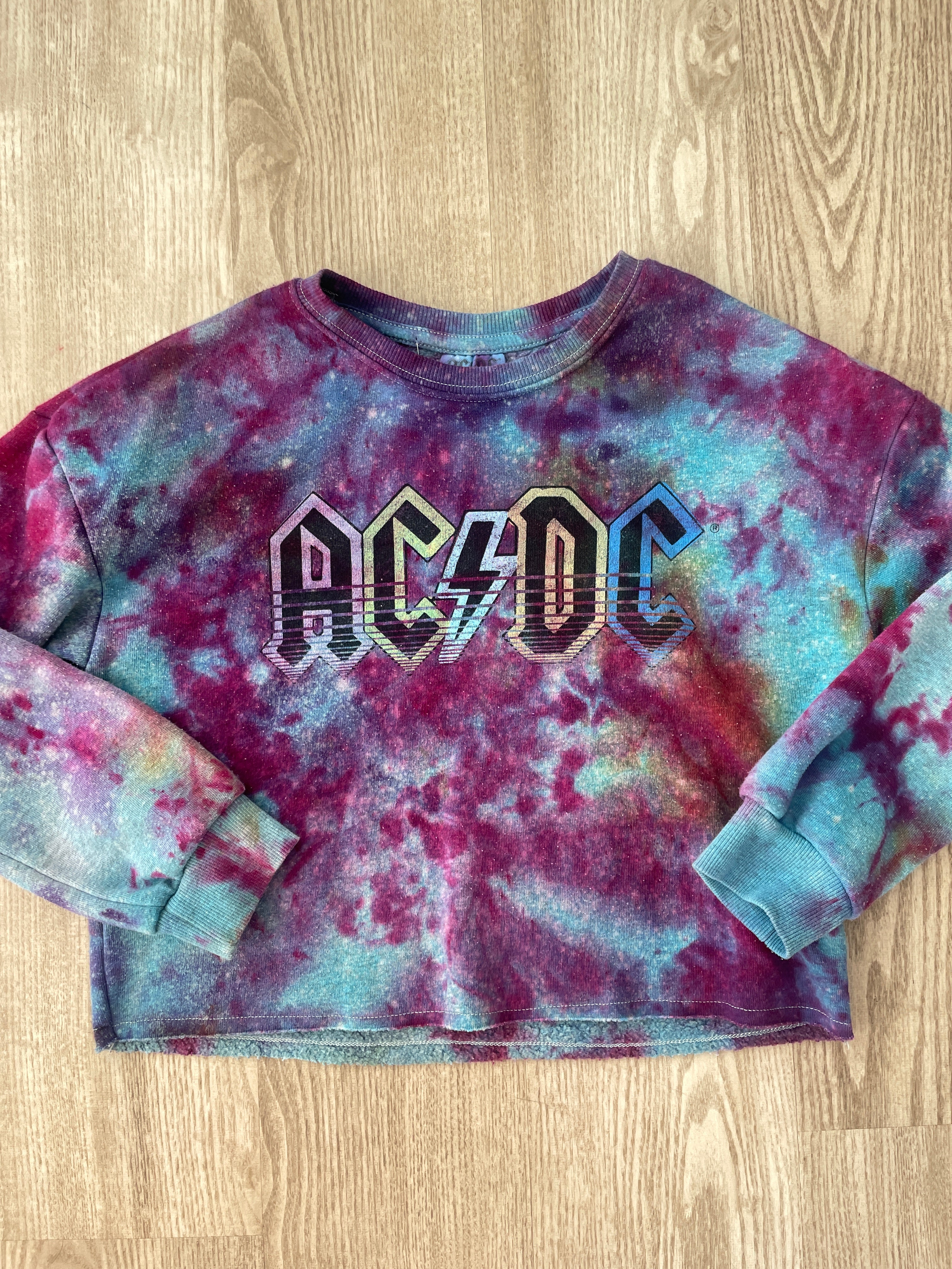 Medium Youth AC/DC Handmade Galaxy Tie Dye Cropped Length Sweatshirt | One-Of-a-Kind Upcycled Blue, Purple, and Pink Ice Dye Top