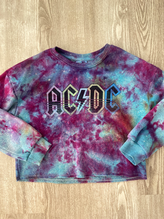 Medium Youth AC/DC Handmade Galaxy Tie Dye Cropped Length Sweatshirt | One-Of-a-Kind Upcycled Blue, Purple, and Pink Ice Dye Top