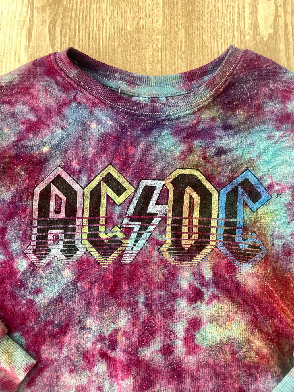 Medium Youth AC/DC Handmade Galaxy Tie Dye Cropped Length Sweatshirt | One-Of-a-Kind Upcycled Blue, Purple, and Pink Ice Dye Top