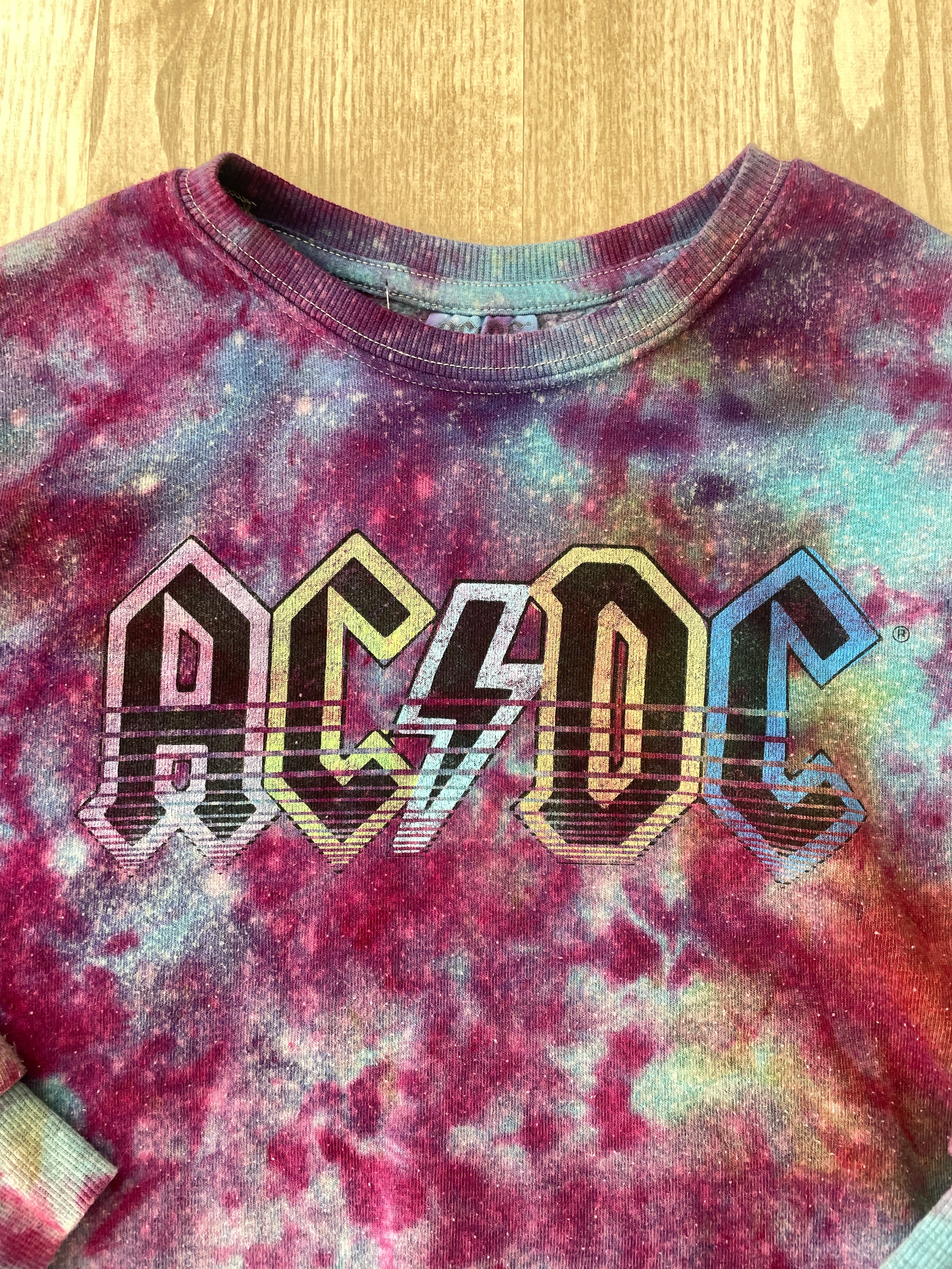 Medium Youth AC/DC Handmade Galaxy Tie Dye Cropped Length Sweatshirt | One-Of-a-Kind Upcycled Blue, Purple, and Pink Ice Dye Top