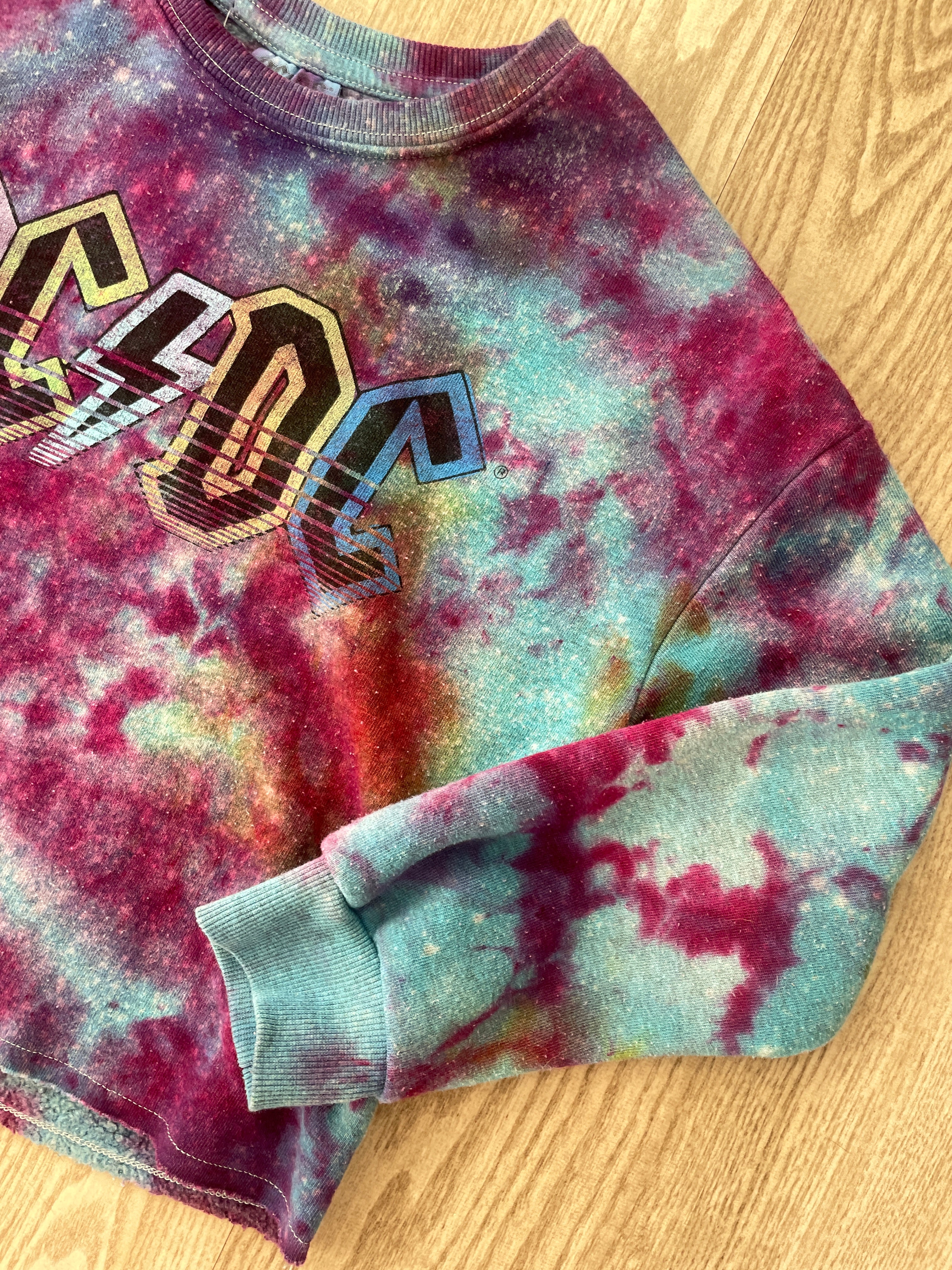 Medium Youth AC/DC Handmade Galaxy Tie Dye Cropped Length Sweatshirt | One-Of-a-Kind Upcycled Blue, Purple, and Pink Ice Dye Top