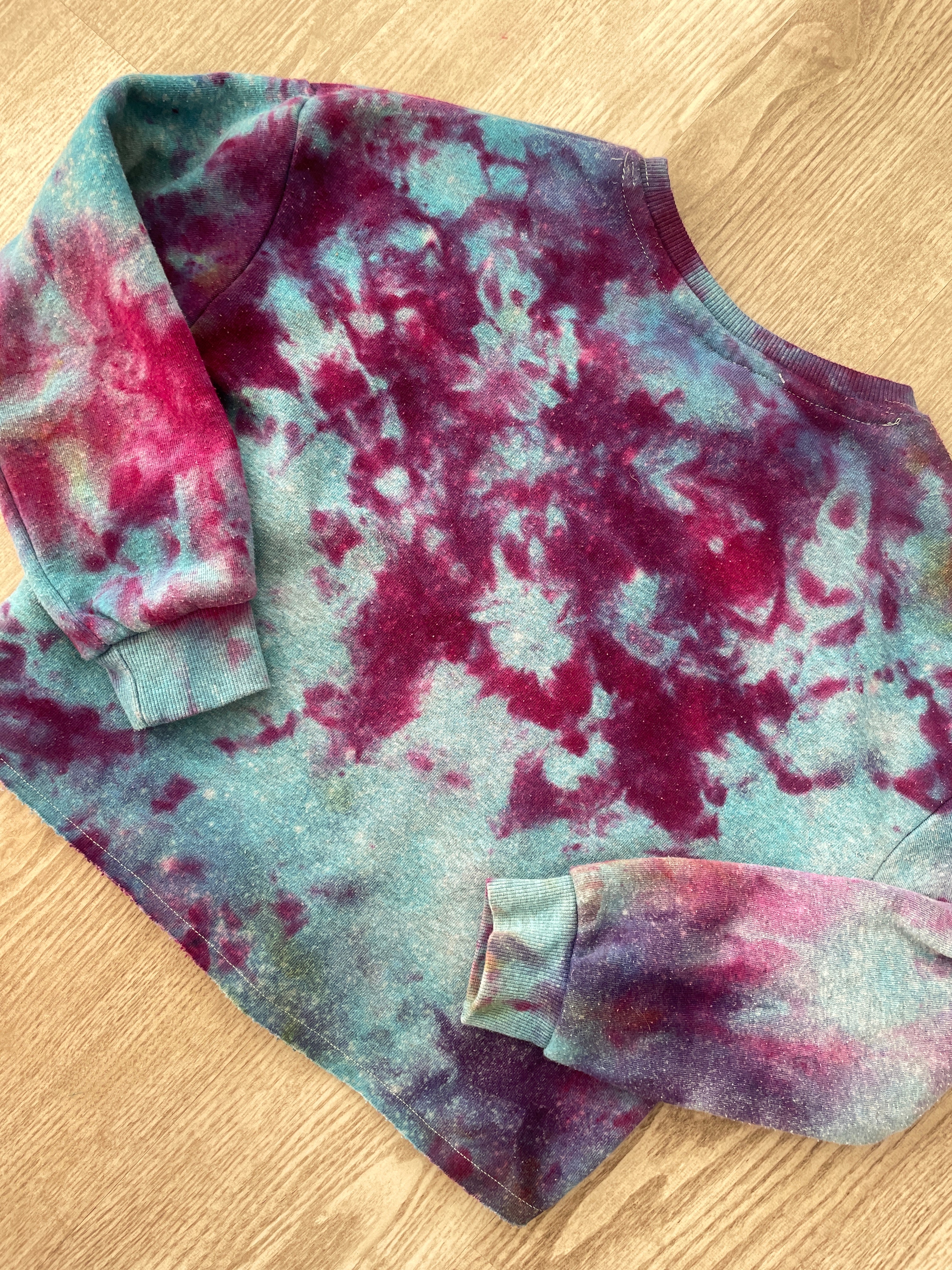 Medium Youth AC/DC Handmade Galaxy Tie Dye Cropped Length Sweatshirt | One-Of-a-Kind Upcycled Blue, Purple, and Pink Ice Dye Top