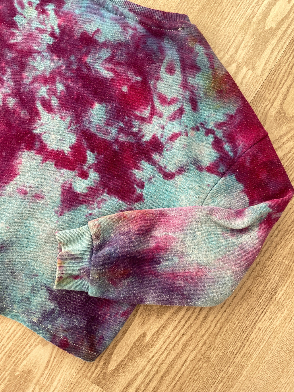 Medium Youth AC/DC Handmade Galaxy Tie Dye Cropped Length Sweatshirt | One-Of-a-Kind Upcycled Blue, Purple, and Pink Ice Dye Top
