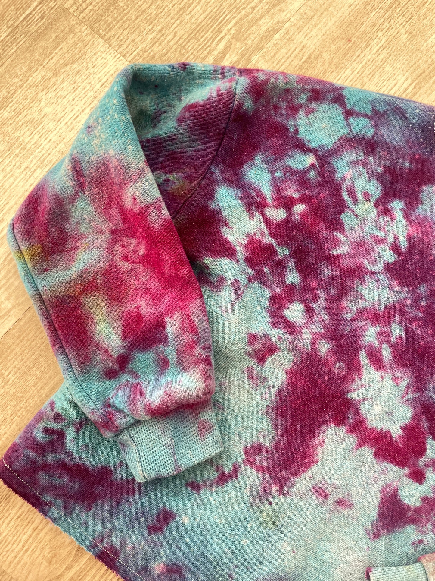 Medium Youth AC/DC Handmade Galaxy Tie Dye Cropped Length Sweatshirt | One-Of-a-Kind Upcycled Blue, Purple, and Pink Ice Dye Top