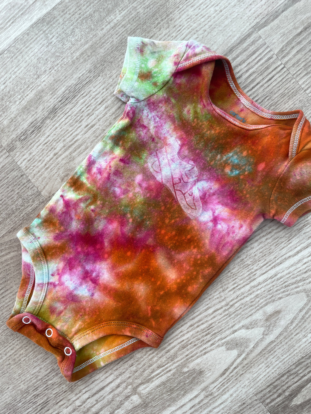 3 Months Climbing Shoe Short Sleeve Baby Onesie | Handmade, Upcycled Tie Dye Cotton Onesie | Galaxy Ice Dyed Pink and Orange Baby Clothing