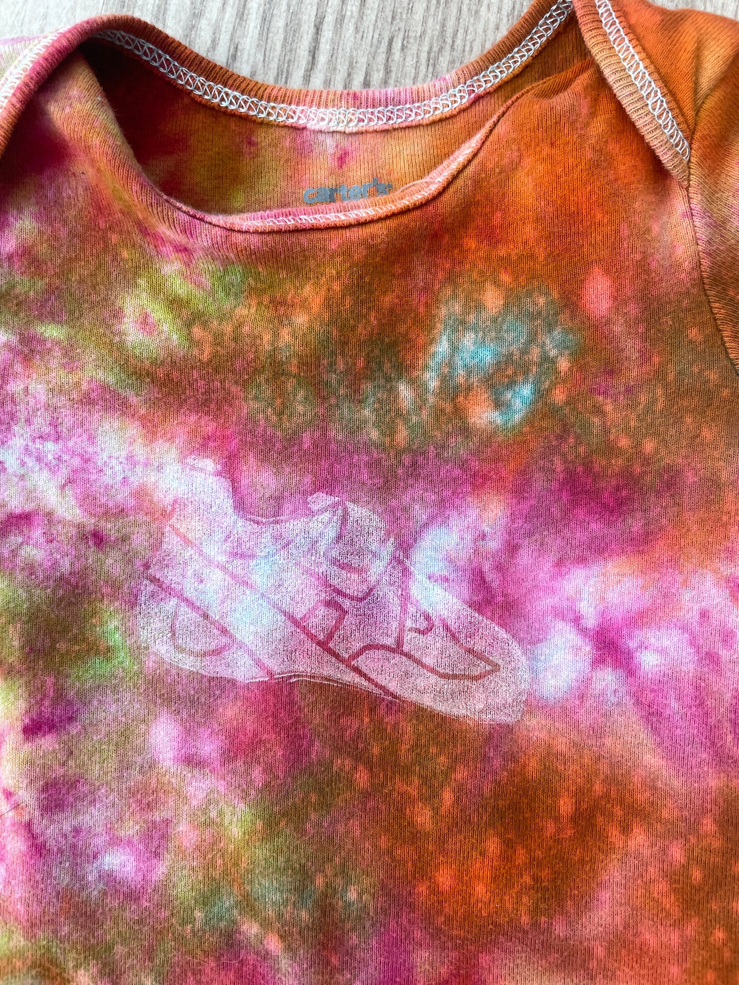 3 Months Climbing Shoe Short Sleeve Baby Onesie | Handmade, Upcycled Tie Dye Cotton Onesie | Galaxy Ice Dyed Pink and Orange Baby Clothing