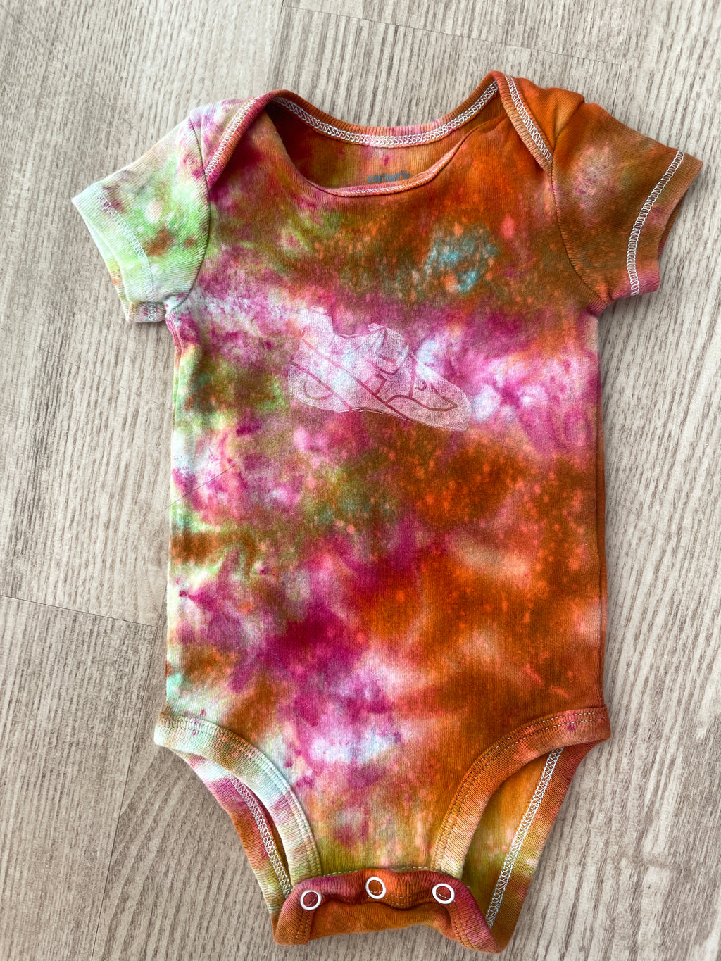 3 Months Climbing Shoe Short Sleeve Baby Onesie | Handmade, Upcycled Tie Dye Cotton Onesie | Galaxy Ice Dyed Pink and Orange Baby Clothing
