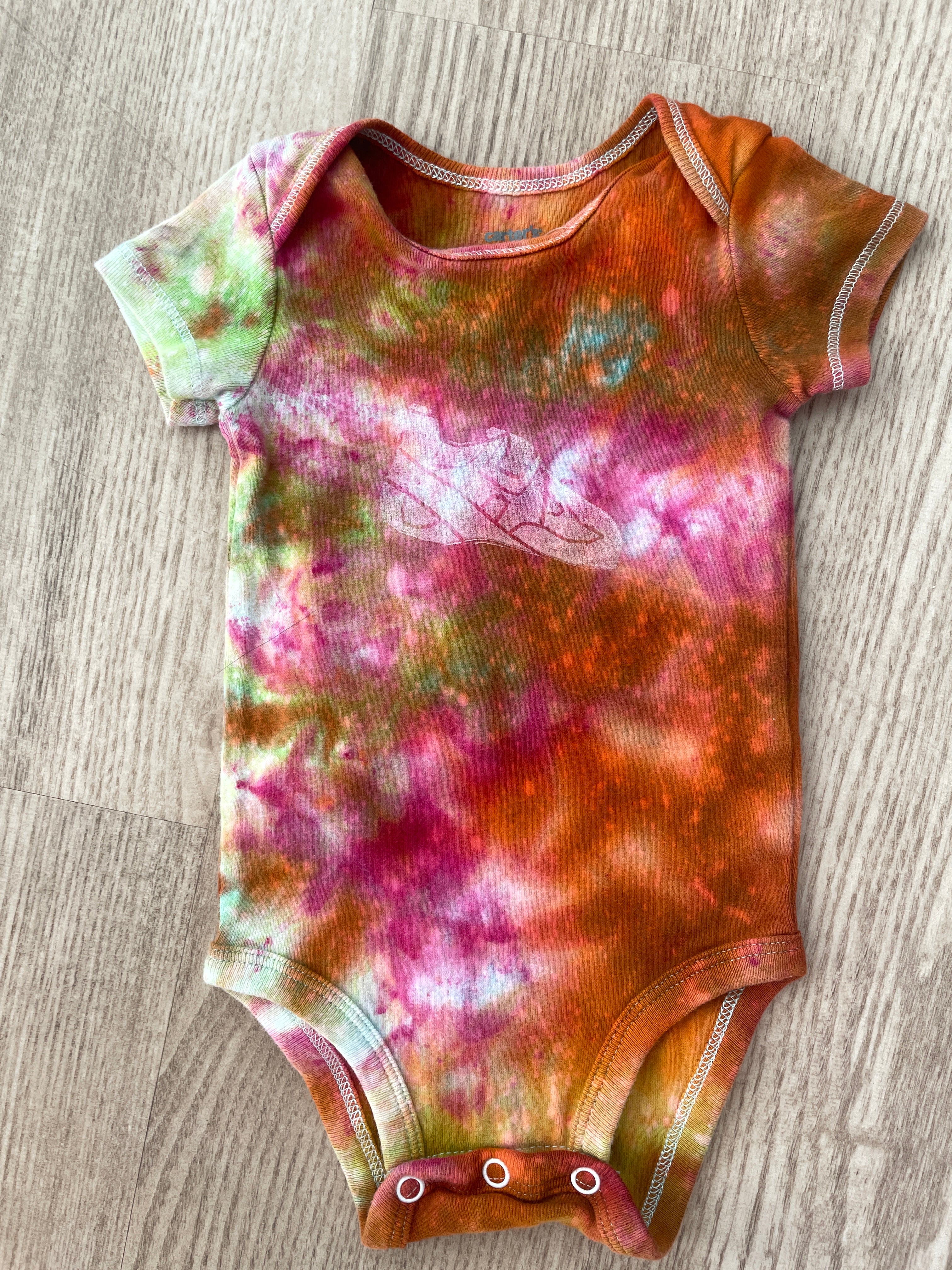 3 Months Climbing Shoe Short Sleeve Baby Onesie | Handmade, Upcycled Tie Dye Cotton Onesie | Galaxy Ice Dyed Pink and Orange Baby Clothing