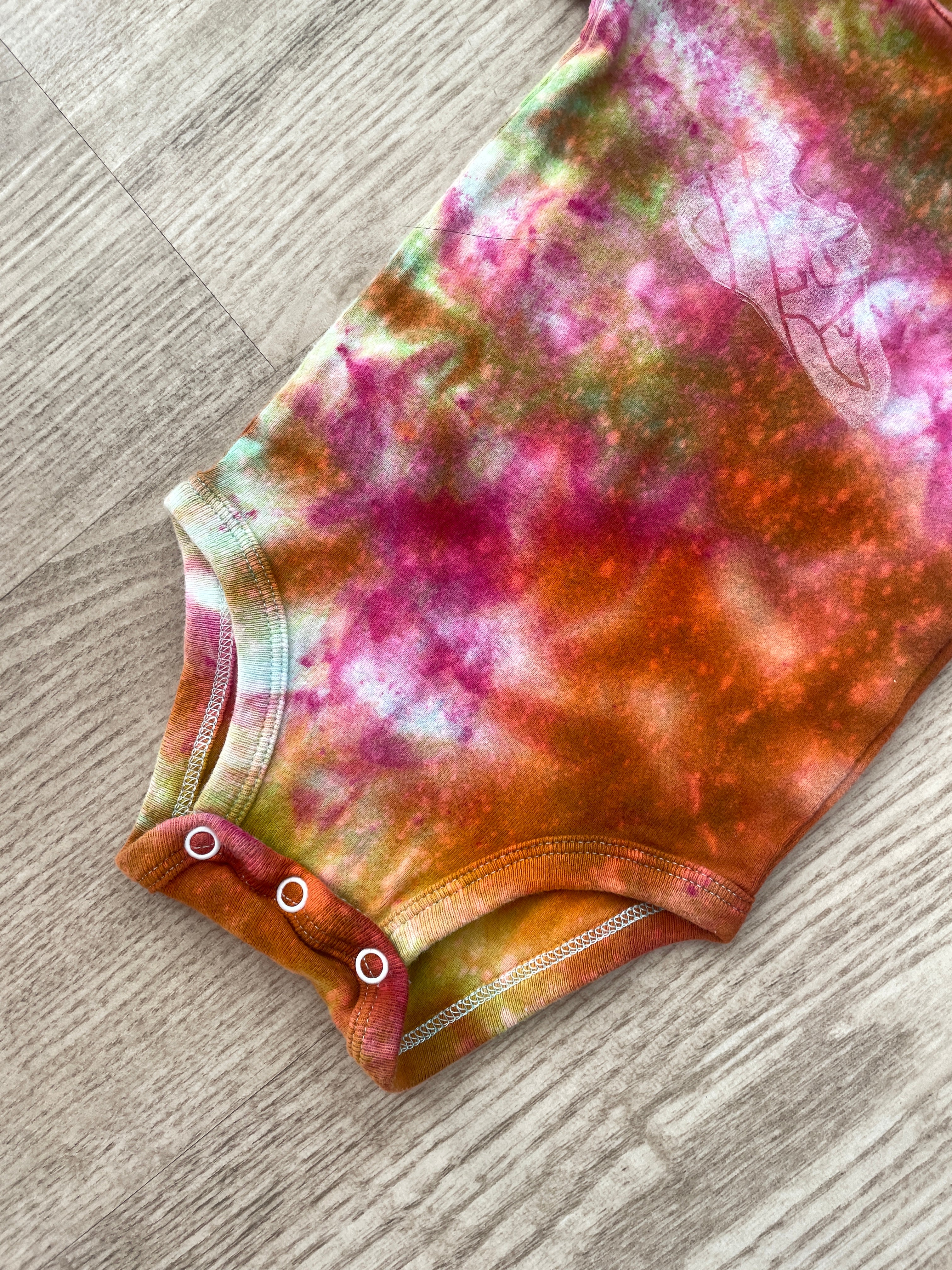 3 Months Climbing Shoe Short Sleeve Baby Onesie | Handmade, Upcycled Tie Dye Cotton Onesie | Galaxy Ice Dyed Pink and Orange Baby Clothing