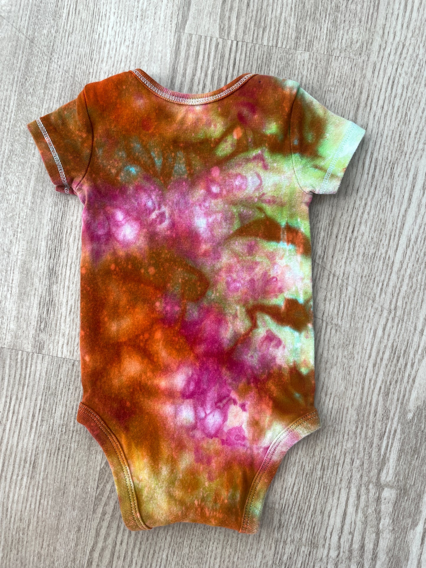 3 Months Climbing Shoe Short Sleeve Baby Onesie | Handmade, Upcycled Tie Dye Cotton Onesie | Galaxy Ice Dyed Pink and Orange Baby Clothing