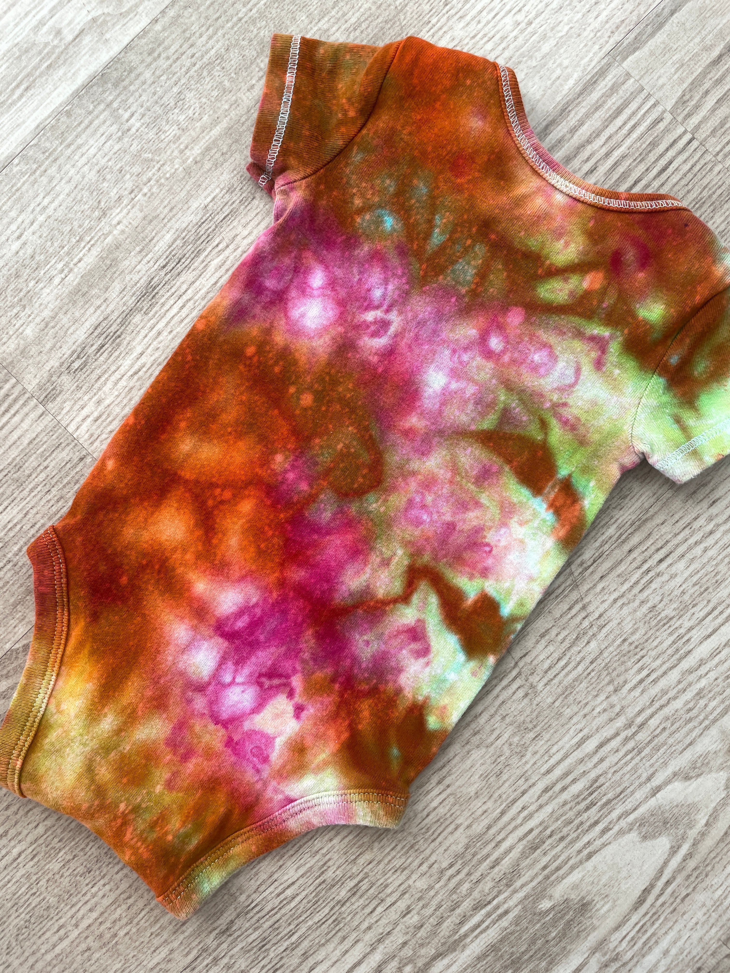 3 Months Climbing Shoe Short Sleeve Baby Onesie | Handmade, Upcycled Tie Dye Cotton Onesie | Galaxy Ice Dyed Pink and Orange Baby Clothing