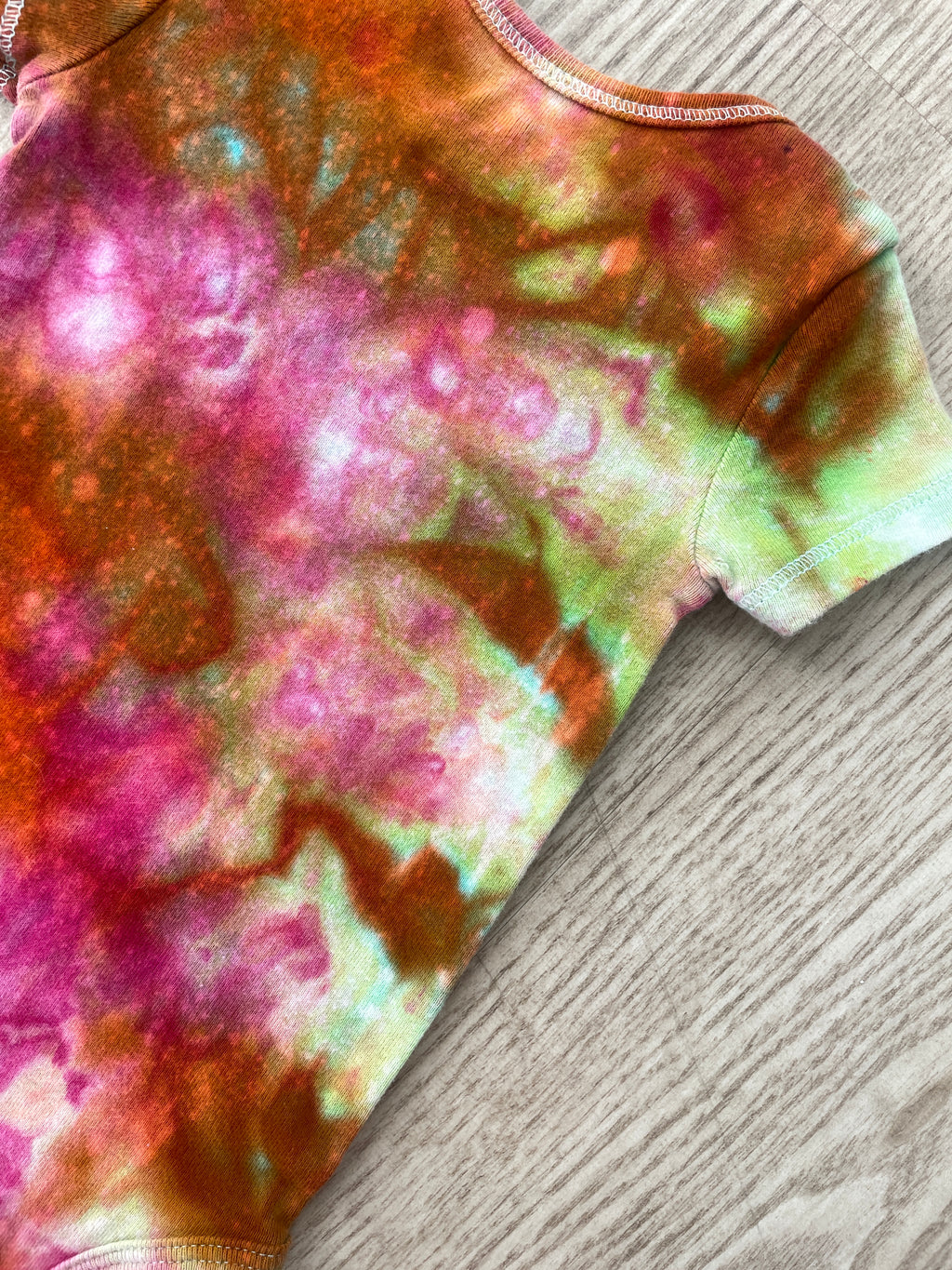 3 Months Climbing Shoe Short Sleeve Baby Onesie | Handmade, Upcycled Tie Dye Cotton Onesie | Galaxy Ice Dyed Pink and Orange Baby Clothing
