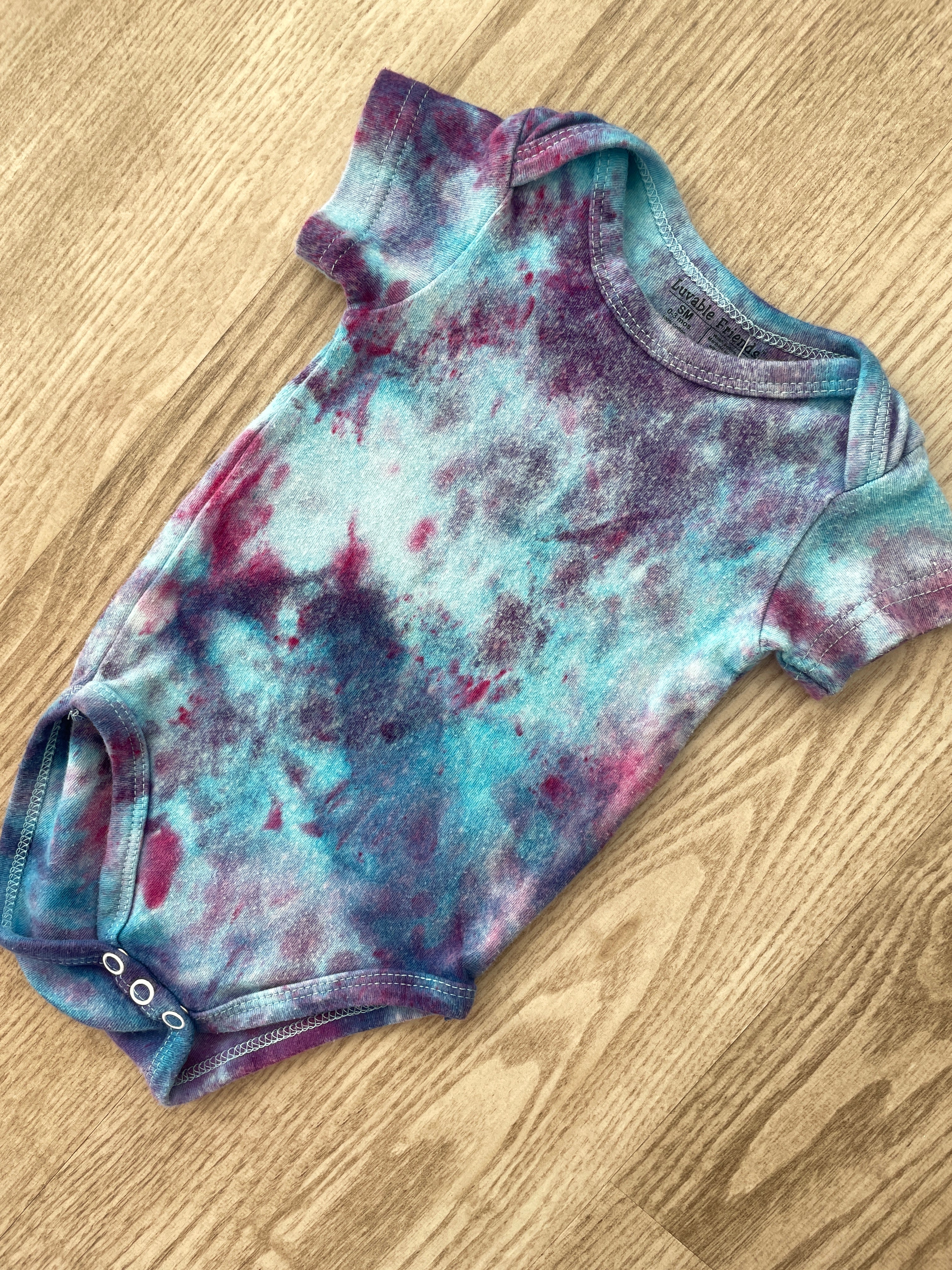 0-3 Months Short Sleeve Baby Onesie | Handmade, Upcycled Tie Dye Cotton Onesie | Galaxy Ice Dyed Blue and Pink Baby Clothing