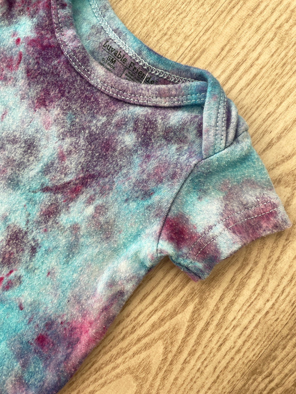 0-3 Months Short Sleeve Baby Onesie | Handmade, Upcycled Tie Dye Cotton Onesie | Galaxy Ice Dyed Blue and Pink Baby Clothing