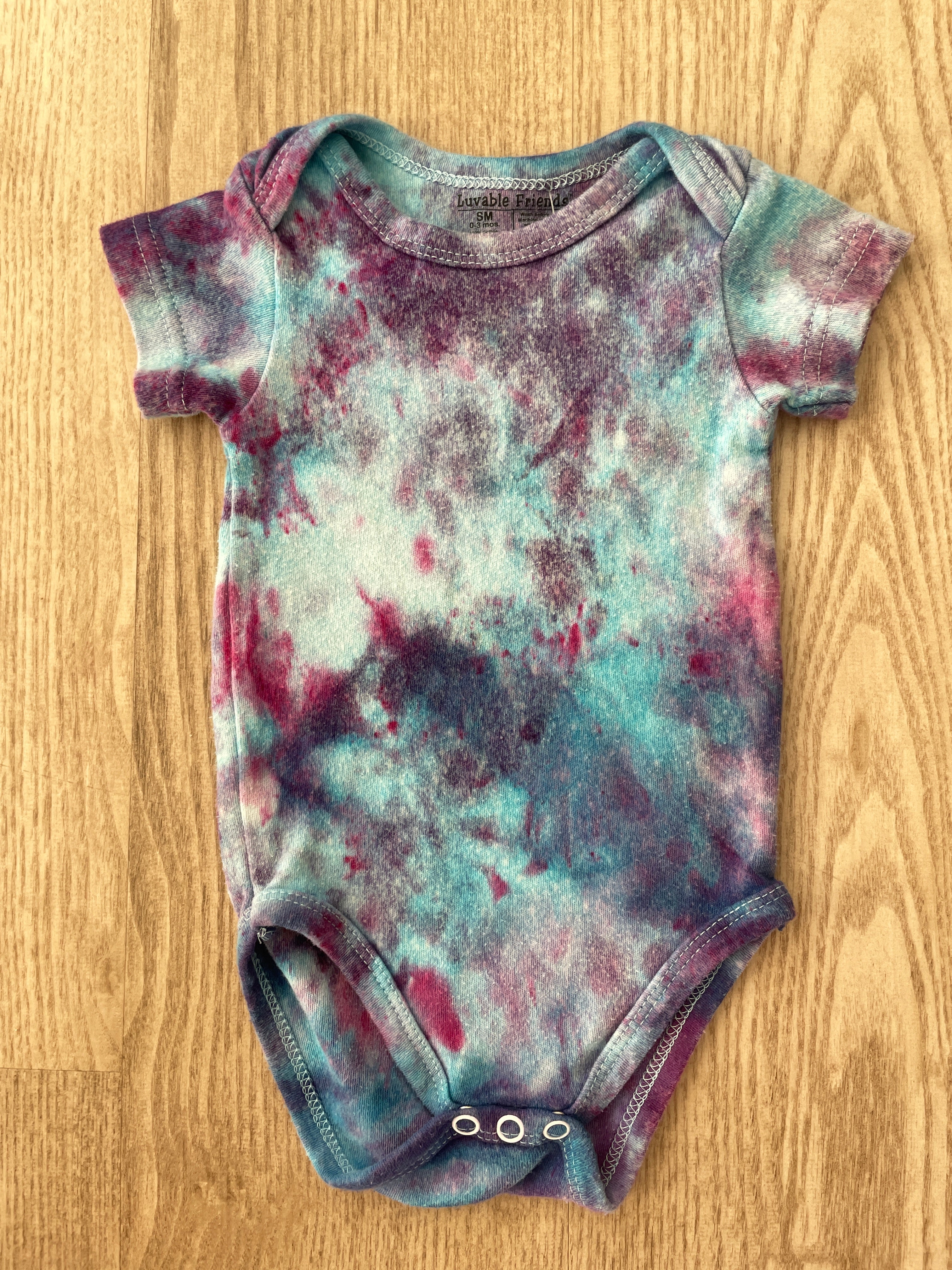 0-3 Months Short Sleeve Baby Onesie | Handmade, Upcycled Tie Dye Cotton Onesie | Galaxy Ice Dyed Blue and Pink Baby Clothing