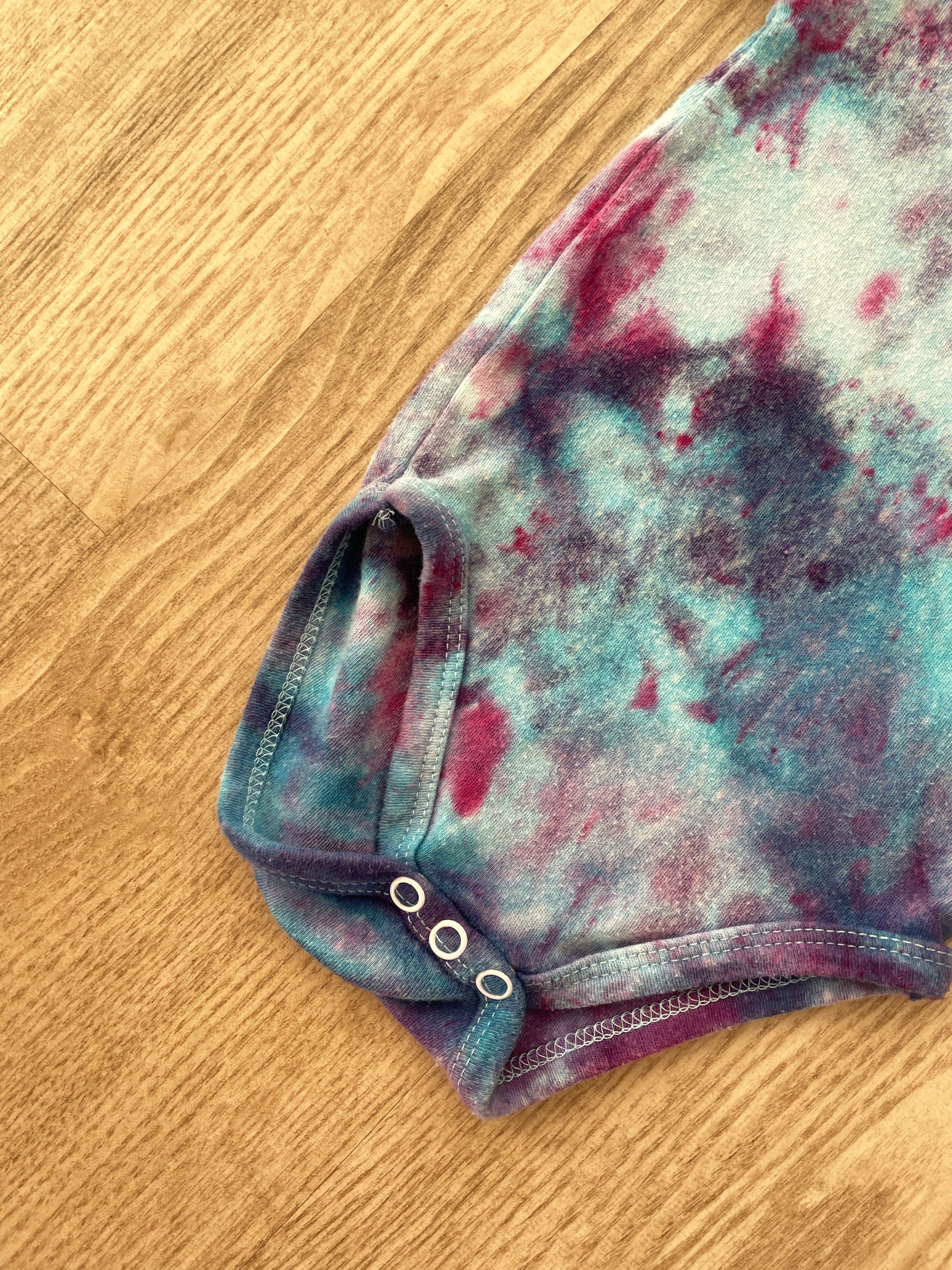 0-3 Months Short Sleeve Baby Onesie | Handmade, Upcycled Tie Dye Cotton Onesie | Galaxy Ice Dyed Blue and Pink Baby Clothing