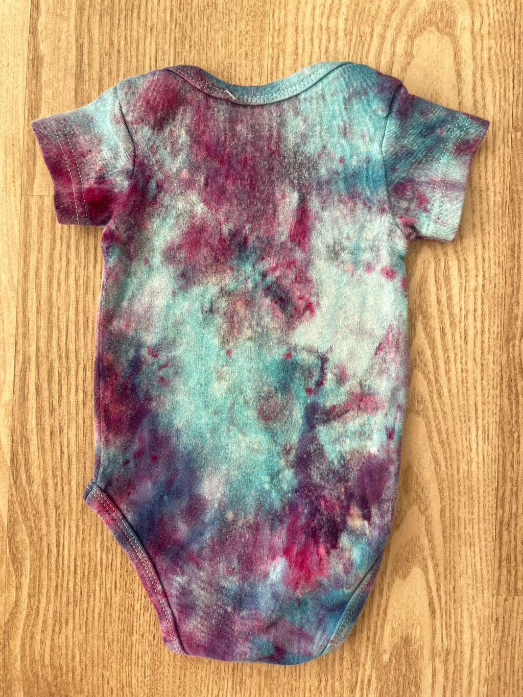 0-3 Months Short Sleeve Baby Onesie | Handmade, Upcycled Tie Dye Cotton Onesie | Galaxy Ice Dyed Blue and Pink Baby Clothing