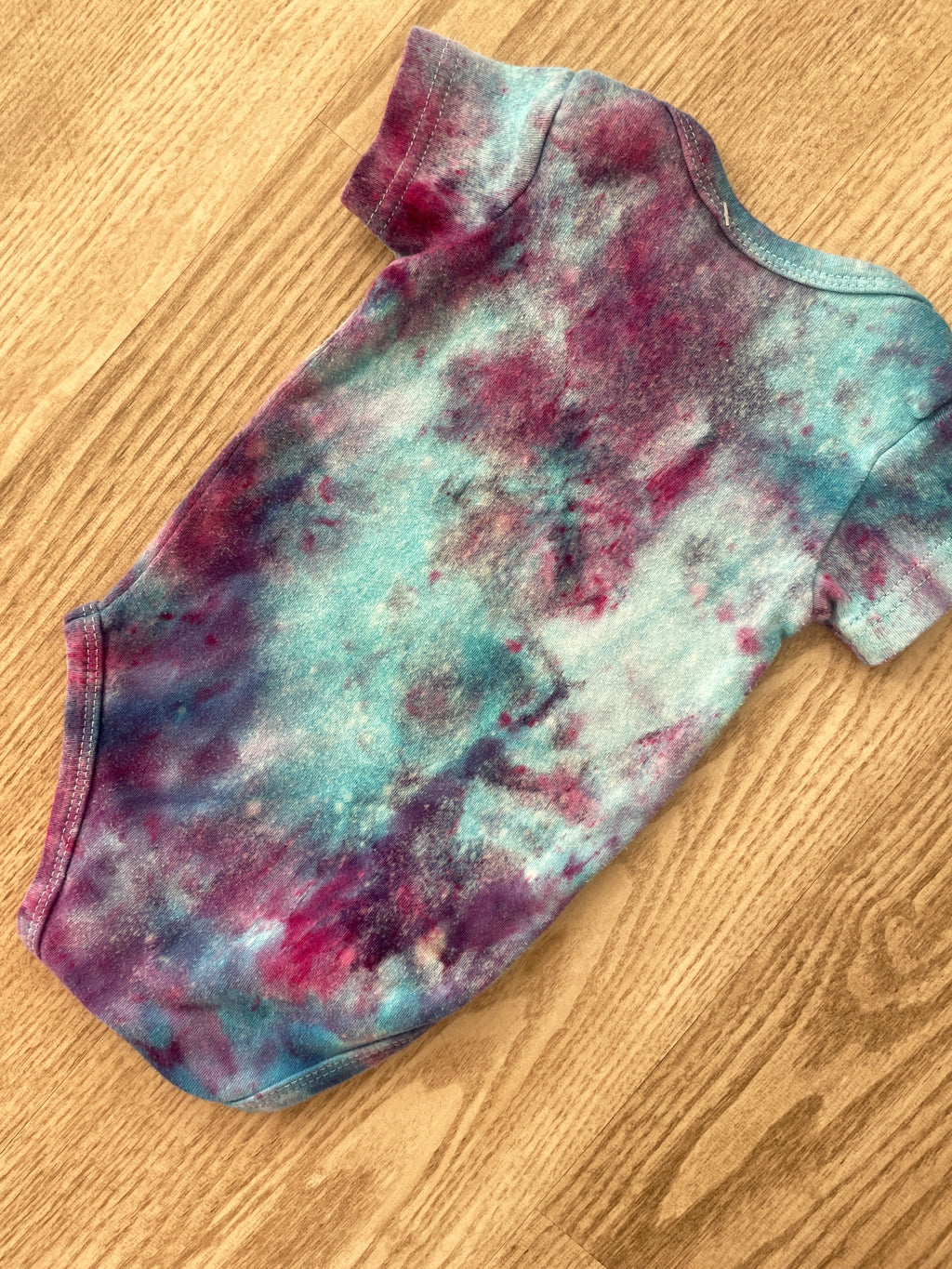 0-3 Months Short Sleeve Baby Onesie | Handmade, Upcycled Tie Dye Cotton Onesie | Galaxy Ice Dyed Blue and Pink Baby Clothing