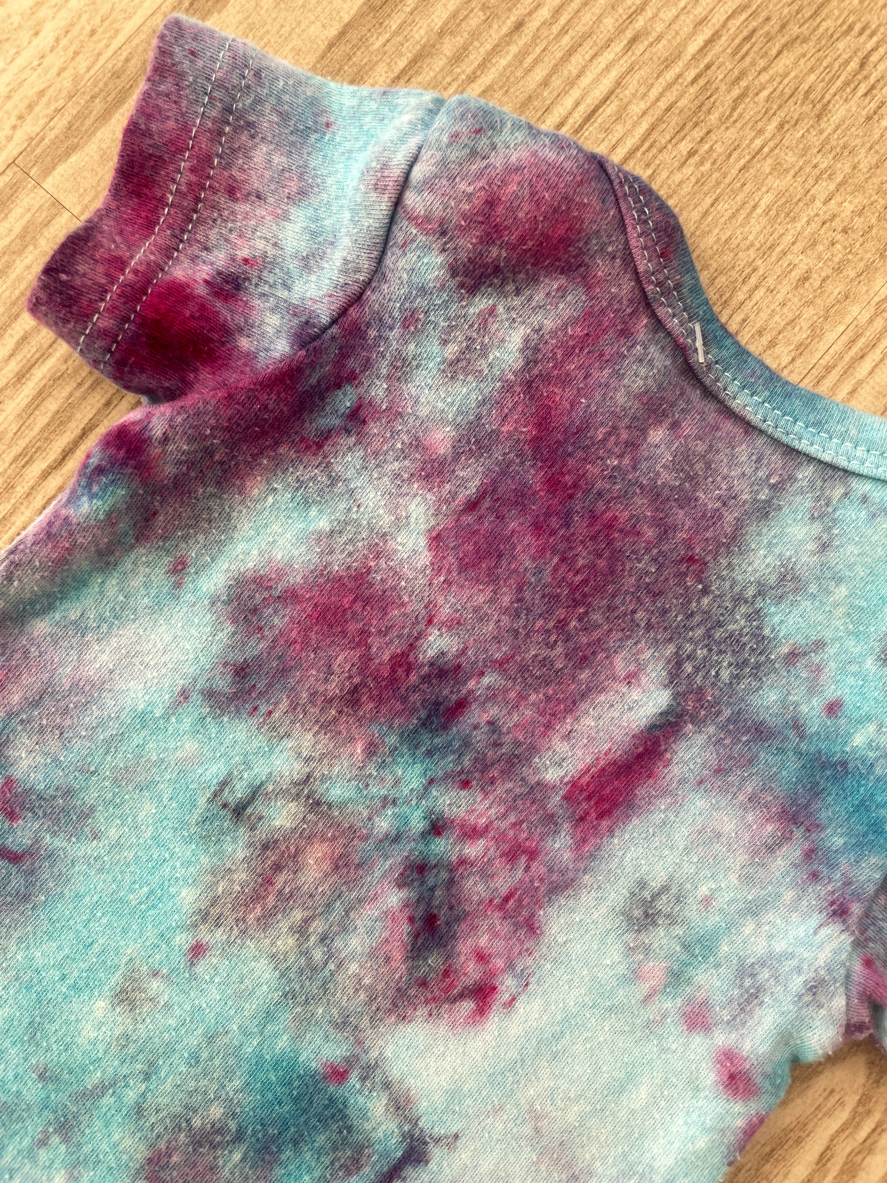 0-3 Months Short Sleeve Baby Onesie | Handmade, Upcycled Tie Dye Cotton Onesie | Galaxy Ice Dyed Blue and Pink Baby Clothing