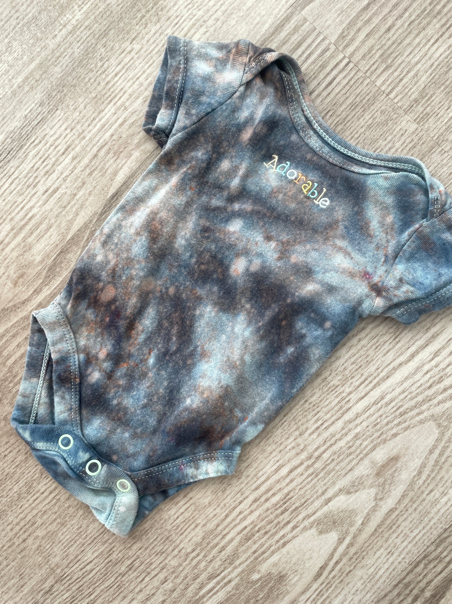 0-3 Months "Adorable" Embroidered Short Sleeve Baby Onesie | Handmade, Upcycled Tie Dye Cotton Onesie | Gray Galaxy Ice Dyed Baby Clothing