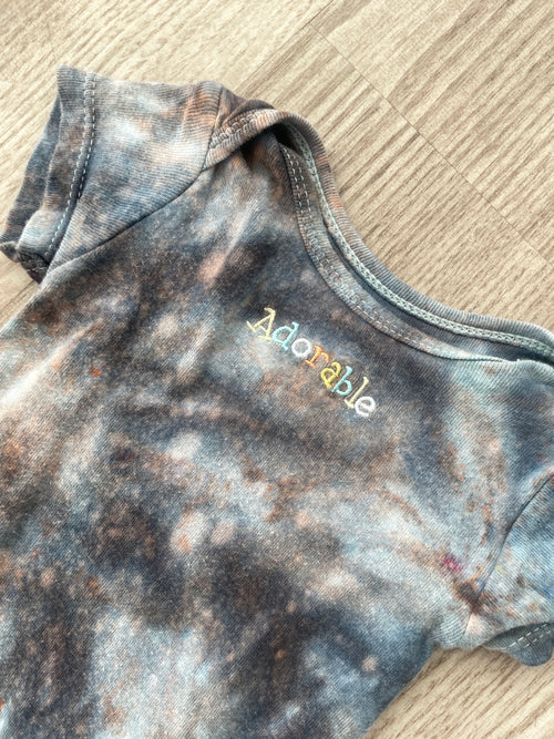 0-3 Months "Adorable" Embroidered Short Sleeve Baby Onesie | Handmade, Upcycled Tie Dye Cotton Onesie | Gray Galaxy Ice Dyed Baby Clothing
