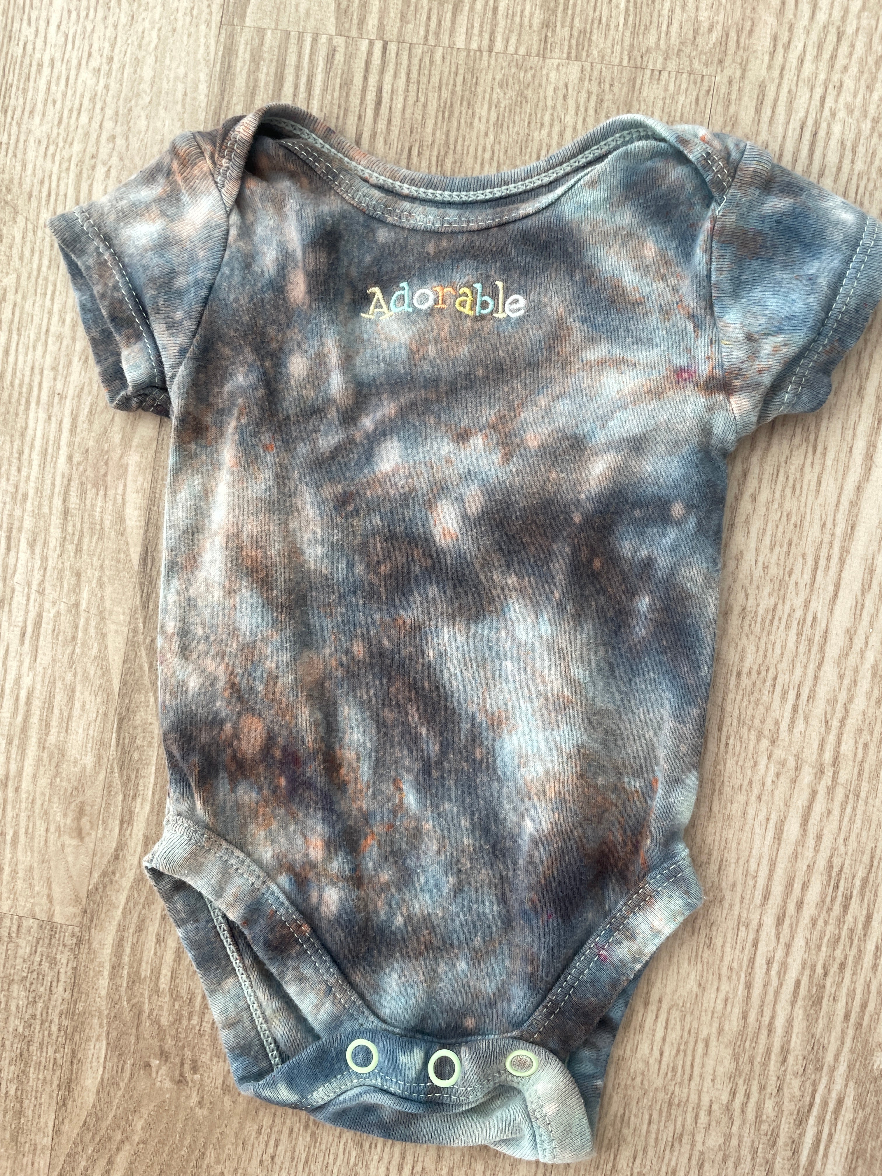 0-3 Months "Adorable" Embroidered Short Sleeve Baby Onesie | Handmade, Upcycled Tie Dye Cotton Onesie | Gray Galaxy Ice Dyed Baby Clothing