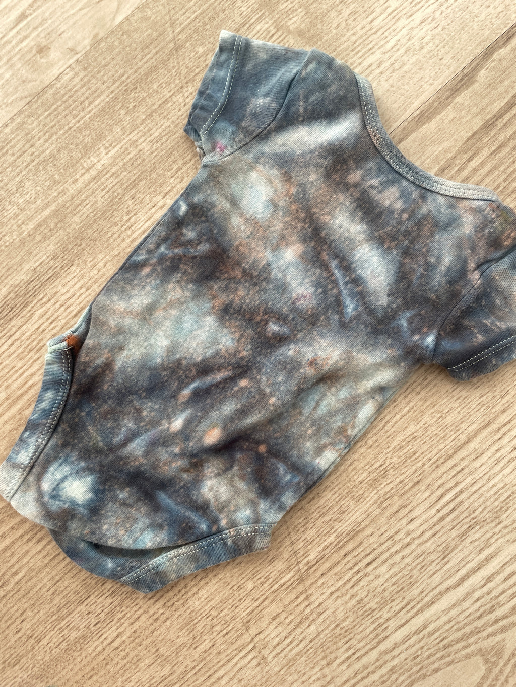 0-3 Months "Adorable" Embroidered Short Sleeve Baby Onesie | Handmade, Upcycled Tie Dye Cotton Onesie | Gray Galaxy Ice Dyed Baby Clothing