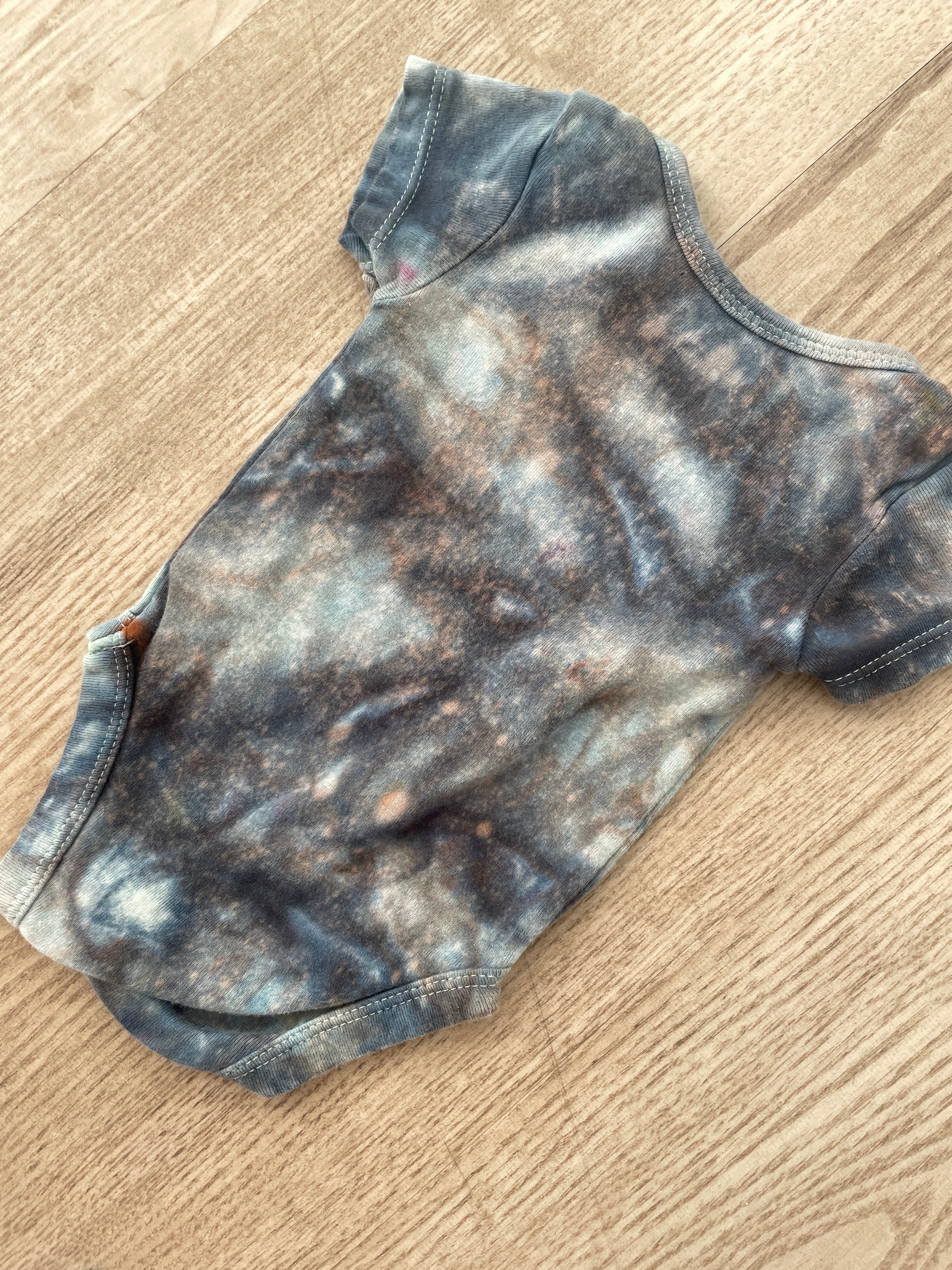 0-3 Months "Adorable" Embroidered Short Sleeve Baby Onesie | Handmade, Upcycled Tie Dye Cotton Onesie | Gray Galaxy Ice Dyed Baby Clothing