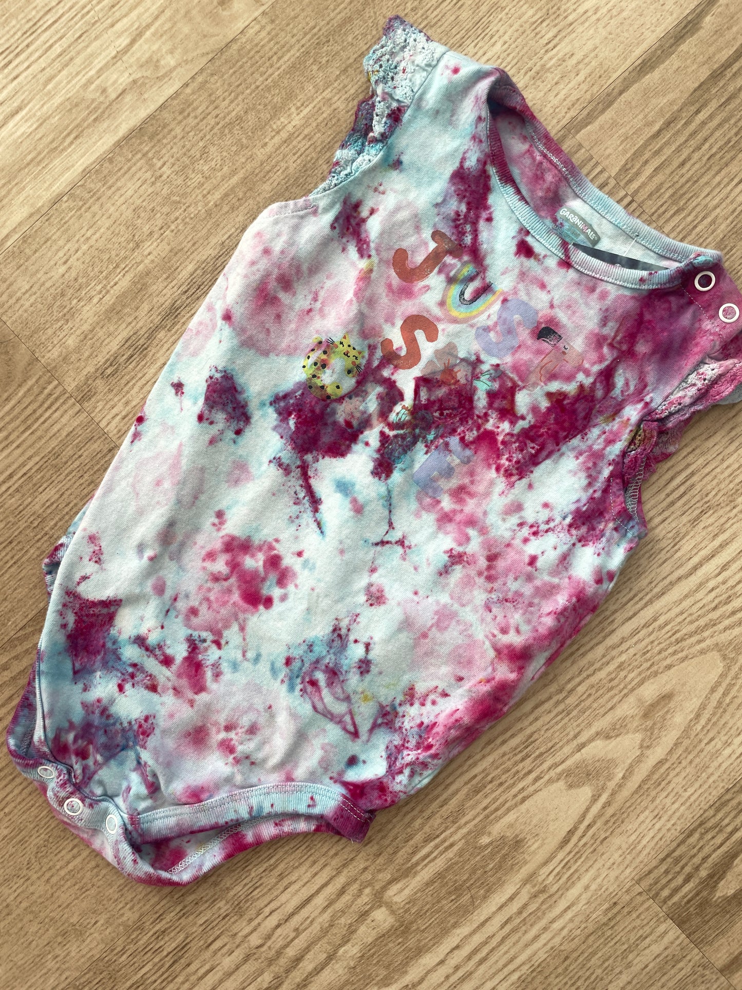 24 Months Just So Cute Short Sleeve Baby Onesie | Handmade, Upcycled Tie Dye Cotton Onesie | Galaxy Ice Dyed Blue and Pink Baby Clothing