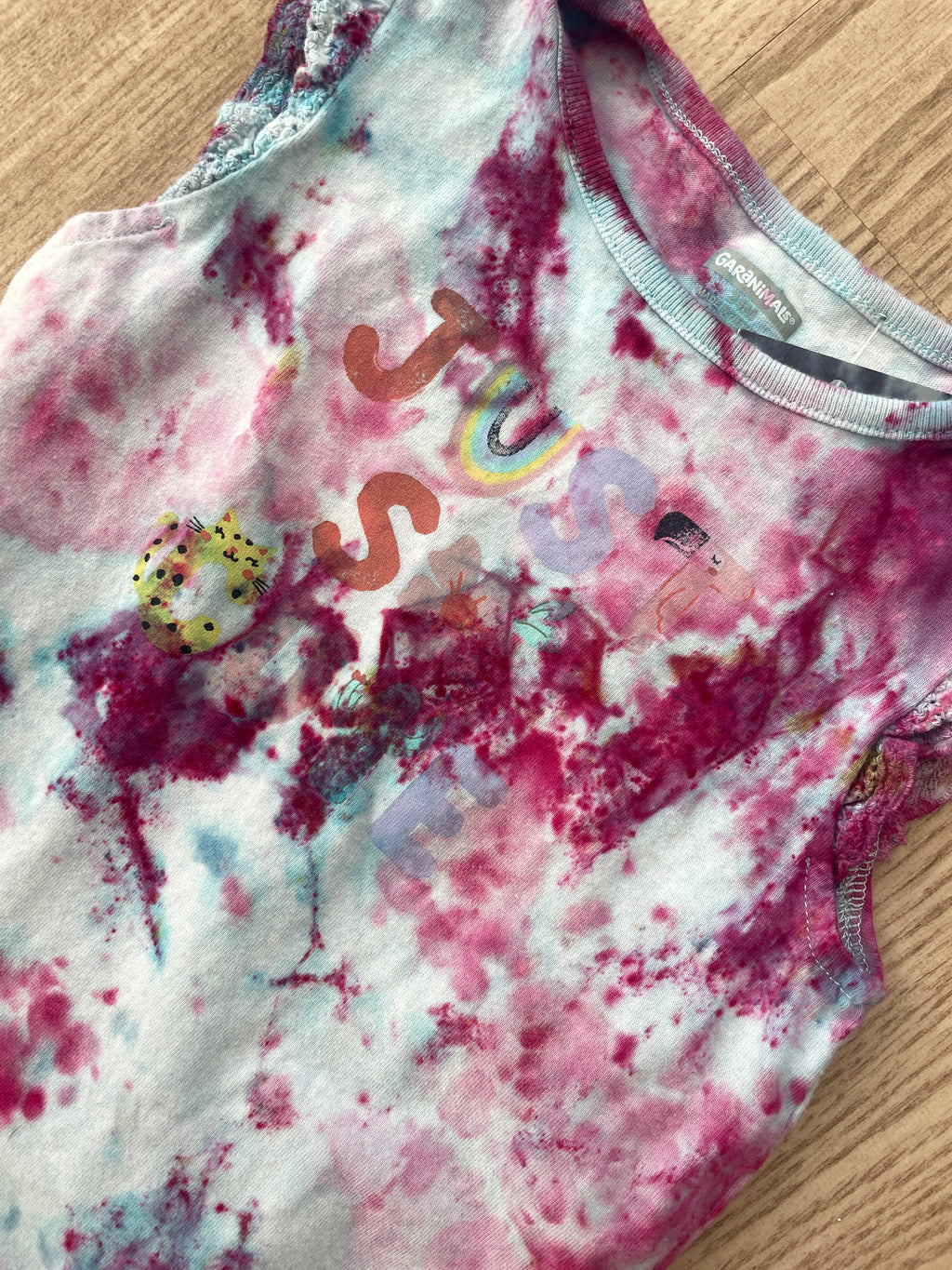 24 Months Just So Cute Short Sleeve Baby Onesie | Handmade, Upcycled Tie Dye Cotton Onesie | Galaxy Ice Dyed Blue and Pink Baby Clothing