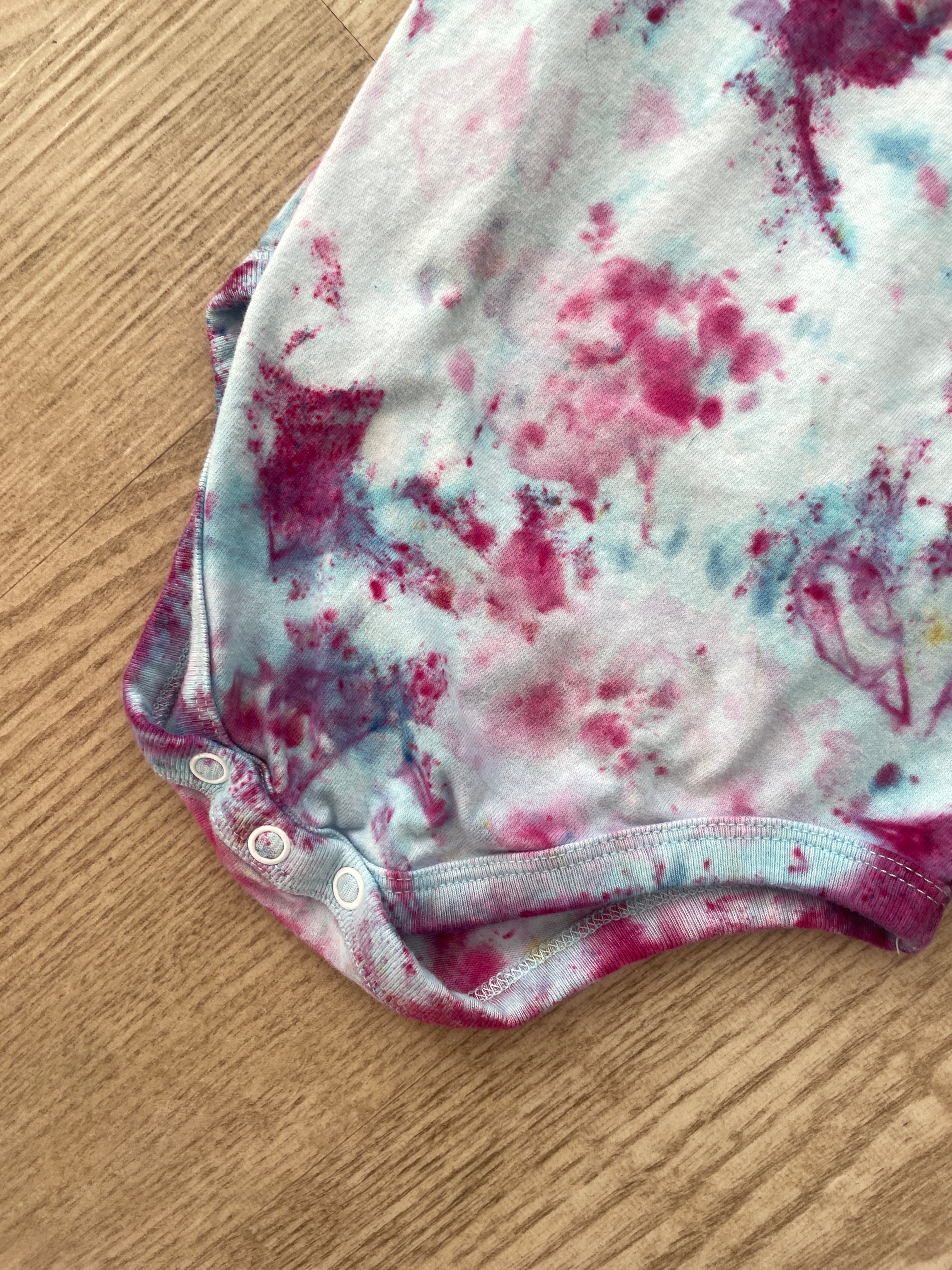 24 Months Just So Cute Short Sleeve Baby Onesie | Handmade, Upcycled Tie Dye Cotton Onesie | Galaxy Ice Dyed Blue and Pink Baby Clothing