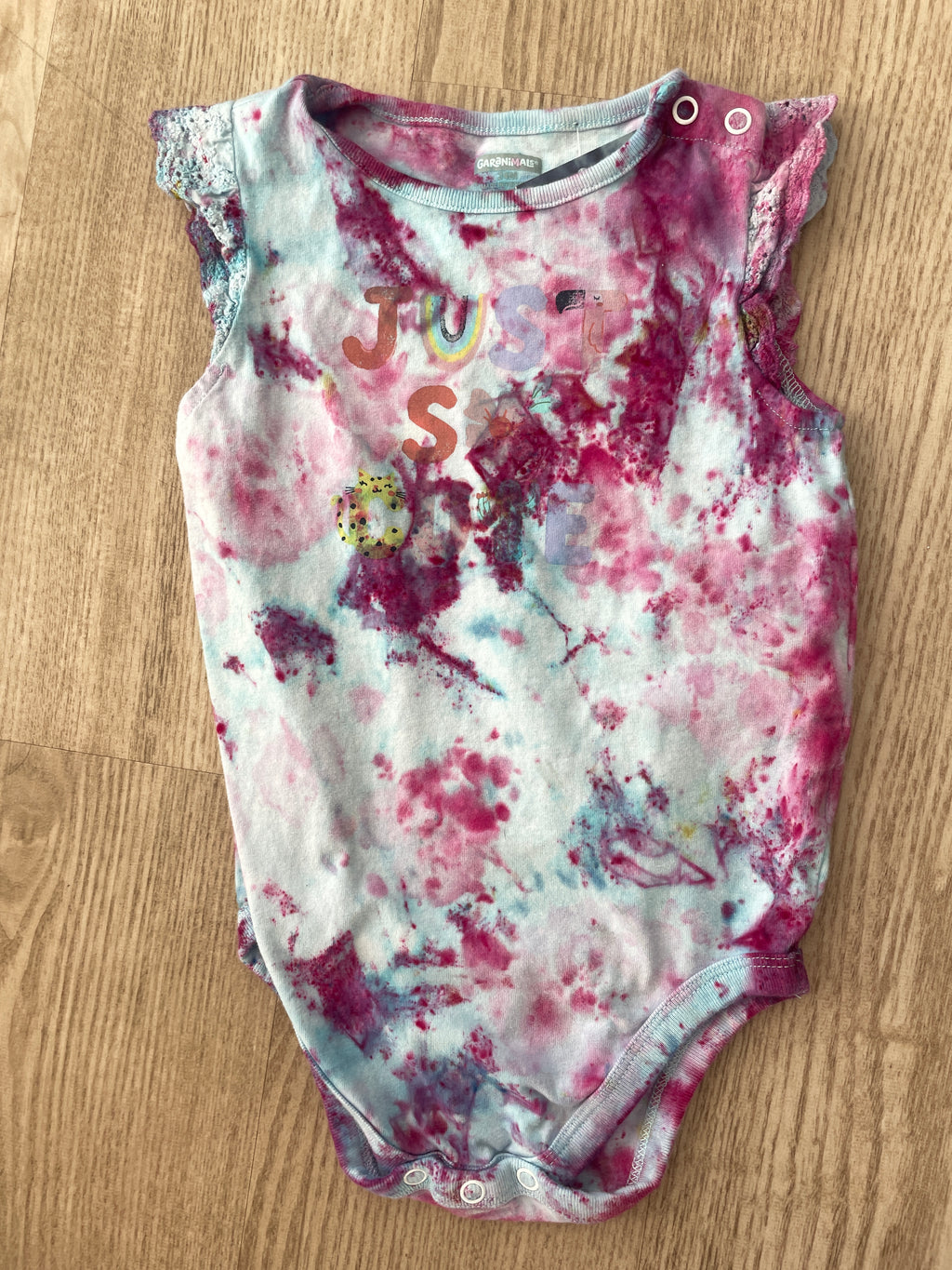 24 Months Just So Cute Short Sleeve Baby Onesie | Handmade, Upcycled Tie Dye Cotton Onesie | Galaxy Ice Dyed Blue and Pink Baby Clothing