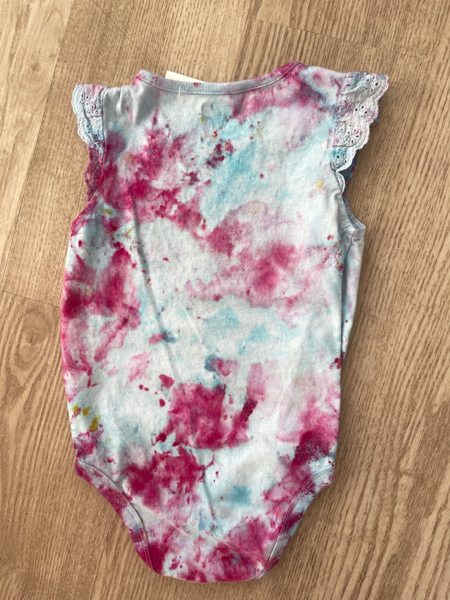 24 Months Just So Cute Short Sleeve Baby Onesie | Handmade, Upcycled Tie Dye Cotton Onesie | Galaxy Ice Dyed Blue and Pink Baby Clothing