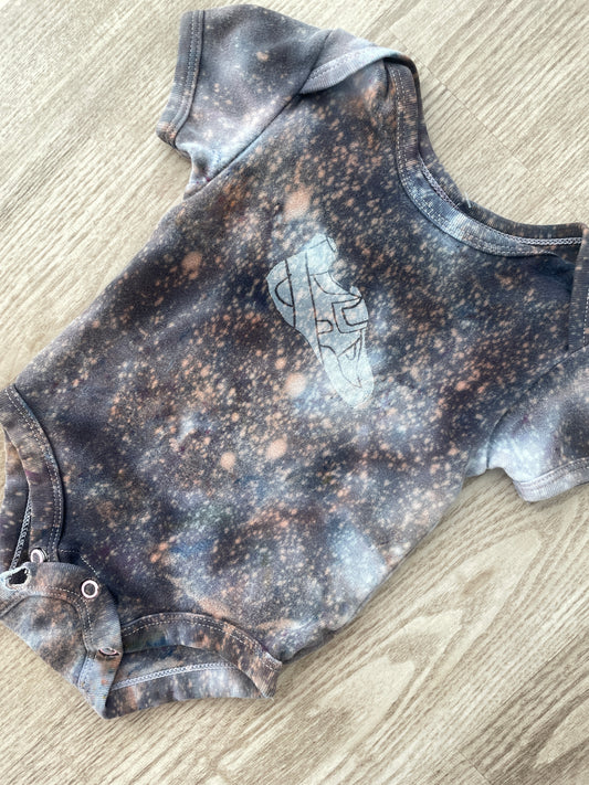 6-9 Months Climbing Shoe Short Sleeve Baby Onesie | Handmade, Upcycled Tie Dye Cotton Onesie | Galaxy Ice Dyed Gray and White Baby Clothing